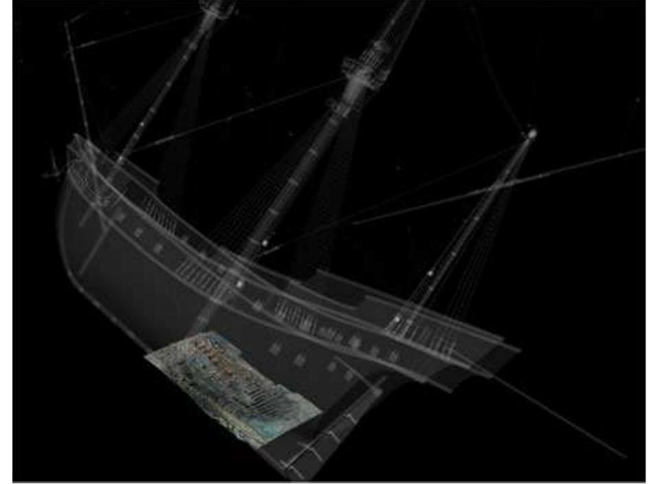 Fig. 5 Scheme showing the probable portion of the ship preserved (K. Yamafune)  During the summer of 2013, the Gnali¢ team experimented with PhotoScan under the guidance of José Luis Casaban (Casaban ef a/. 2014). The following summer, t  authors developed a methodology to record and analyze t  work developed by Rodrigo Torres in Brazil (Torres 2015). The diagram in Fig. | shows the workflow proposed by Kotaro Yamafune and followed in the 2014 Gnali¢ campaign.  This paper describes the tasks and procedures indicated diagram: photography, control network, photogrammetry, d orthophoto, geographic information systems (GIS) analys  he shipwreck, based on t  in the upper section of t  drawings, section profiles, and hull lines. The remaining discussed in a paper in preparation.  part of this diagram will  ata collection methodology, is, 2D site plan and timber  ne ne  ne  oe 