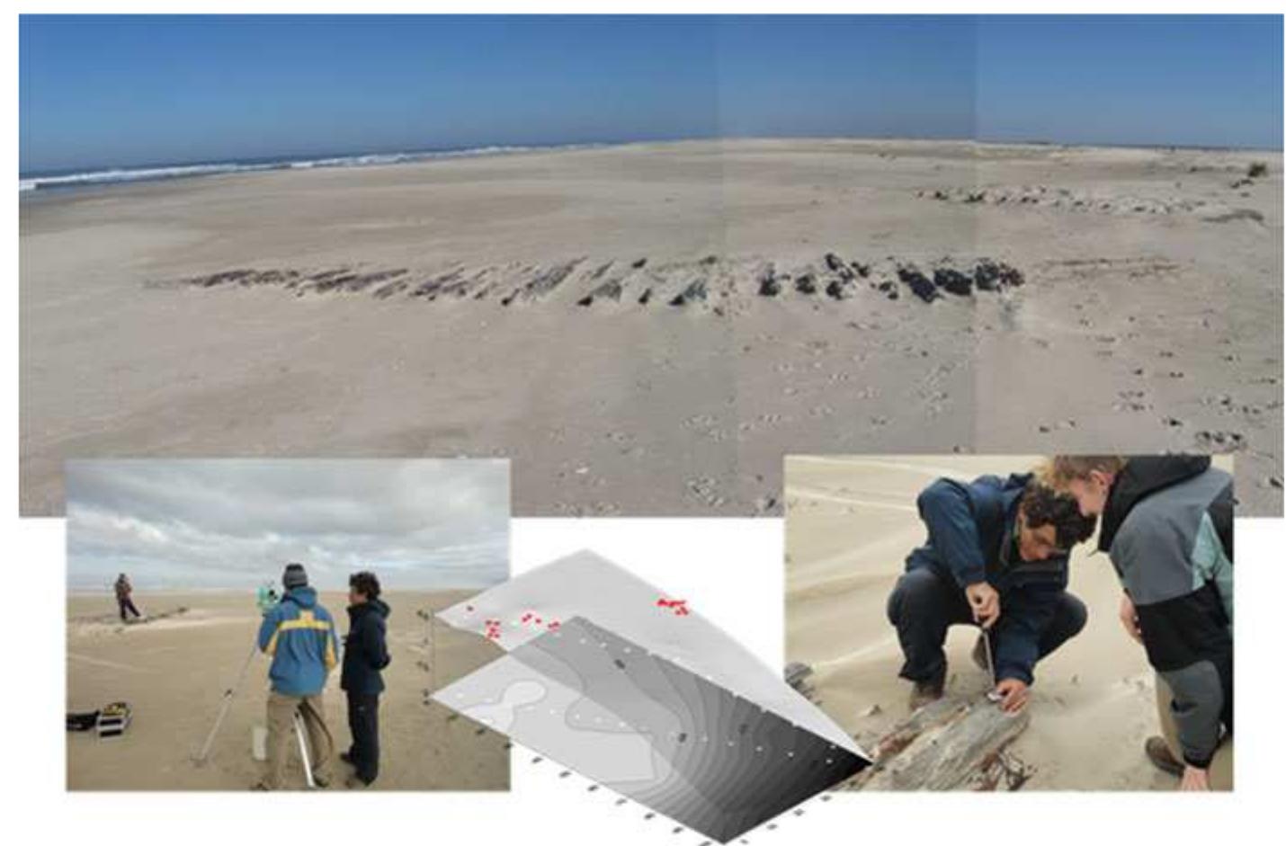 Fig. 8 Procedures involved in establishing and surveying control points at the Lagoa do Peixe site (photo: Rodrigo Torres)  At Gnali¢, Croatia, the shipwreck lay underwater, around 27 m deep, and we used the direct survey measurement (DSM) method, tested since the late 1980s with success (Atkinson et al. 1988; Rule 1989), by which a tridimensional network is established through a set of direct measurements in between control points using fiberglass metric tapes (Fig. 9). 