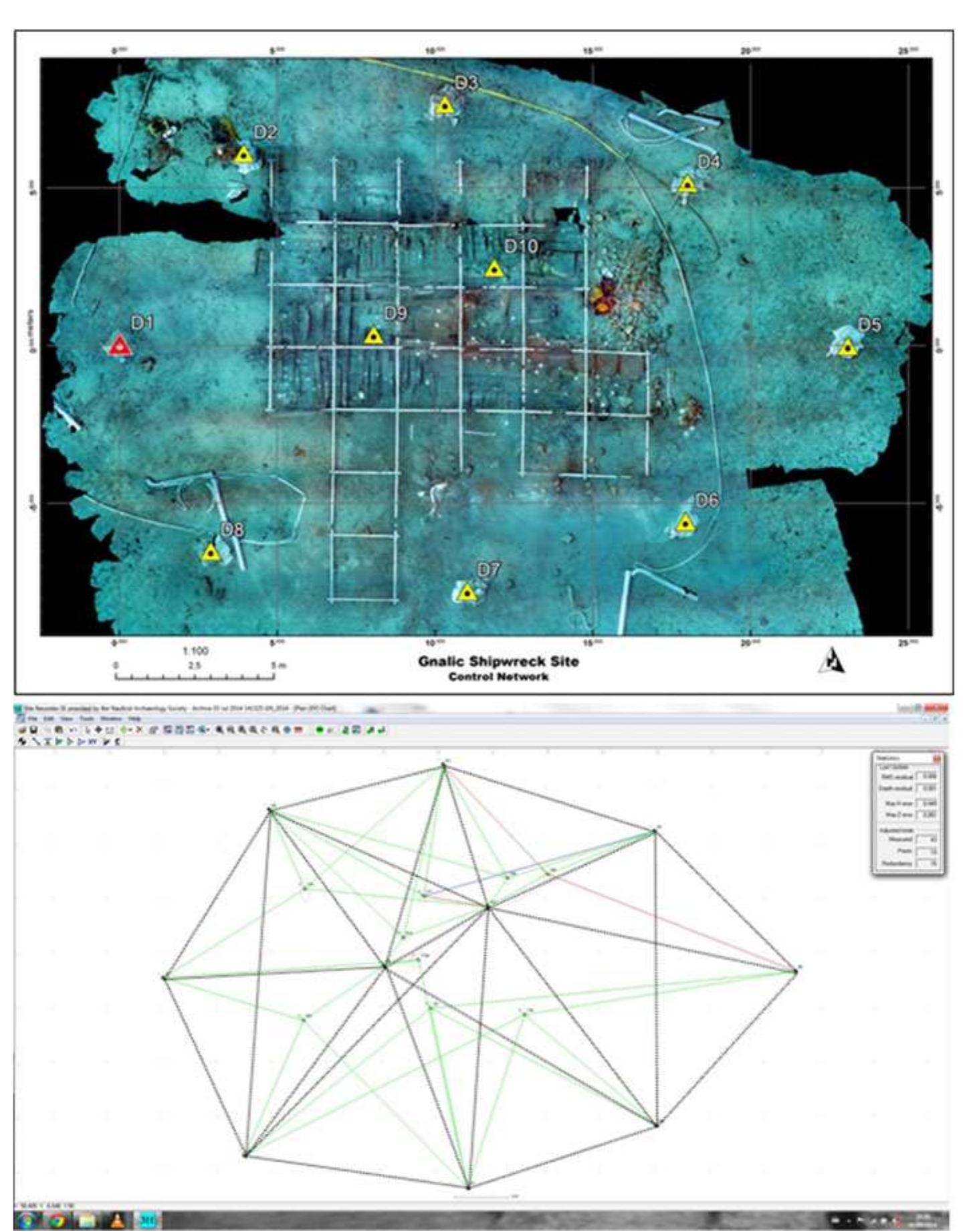 Fig. 10 Above, Gnali¢ site’s orthophoto showing position of control points. Below, screenshot from Site Recorder SE” desktop showing the best-fit statistical adjustment for tridimensional coordinates with locked control network in dashed black (R. Torres) 