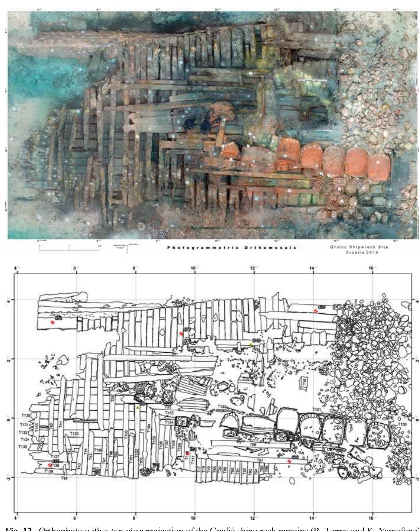 language, both in naval architecture and in nautical archaeology. The recording strategy aims therefore at retrieving the basic hull curves on longitudinal planes (the shapes of the stem post, keel and sternpost, and parallel sections generally known as buttock lines), on vertical transversal planes (the shapes of the frames and the angles of the rabbets), and on horizontal planes (the bevels of the frame components transposed to the horizontal planes). The first stage of a reconstruction is the development of a plausible model of the hull shape, expressed in a set of line drawings (Castro 2003). On a second phase, the scantlings, fastening patterns, and timber associations will be represented in an effort to understand the ship structure and construction sequence (Fig. 16). 