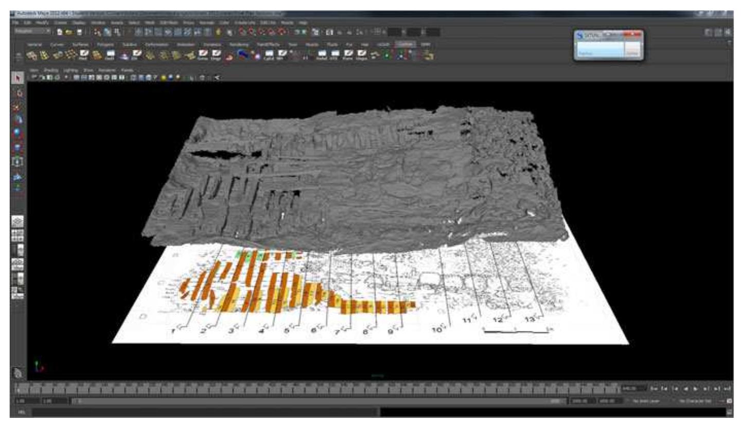 Fig. 14 Two-dimensional site map of Gnali¢ showing the site plan and the mesh of points acquired through photogrammetry, which can be superimposed and sliced to obtain sections in any desired direction (K. Yamafune) 