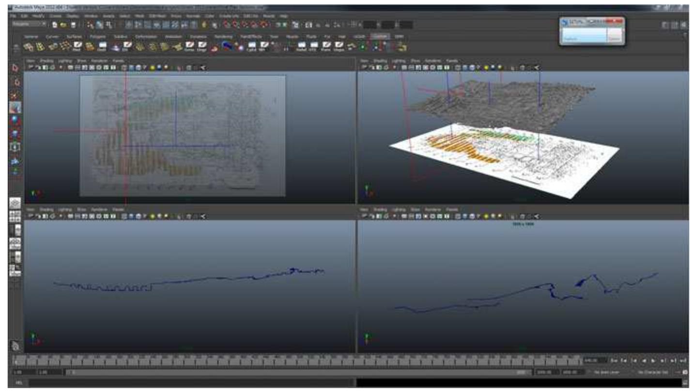Fig. 15 Autodesk Maya Screen Shot with the site map and section profiles (K. Yamafune) 