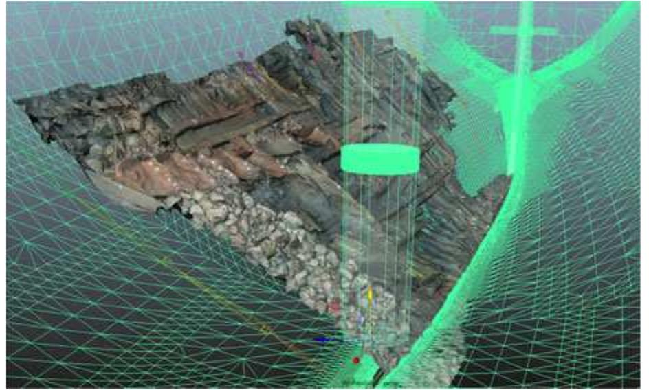 Fig. 17 Rigging experiment: photogrammetric model of the Gnali¢ shipwreck deformed to fit a hypothetical reconstructed ship model (K. Yamafune)  The hull structure is layered and contains information not only on the ship shape, but also on its construction sequence (Castro ef al. 2011). Ships have a stratigraphy in themselves, and it must be carefully recorded, if possible based on a theory on how the ship was built. All projects follow the same rules: archaeologists dig, clean, tag, and record. A tentative understanding of the ship’s construction process—construction traditions—helps the recording process because it guides it and places special attention on particular factors specific to particular shipbuilding traditions, such as the placement and geometry of scarves connecting structural timbers; the particular shape of diagnos- tic timbers, such as the mast steps or the frame timbers that compose the transversal structure of a hull; the material, rhythm, or type of the fasteners used for each type of  