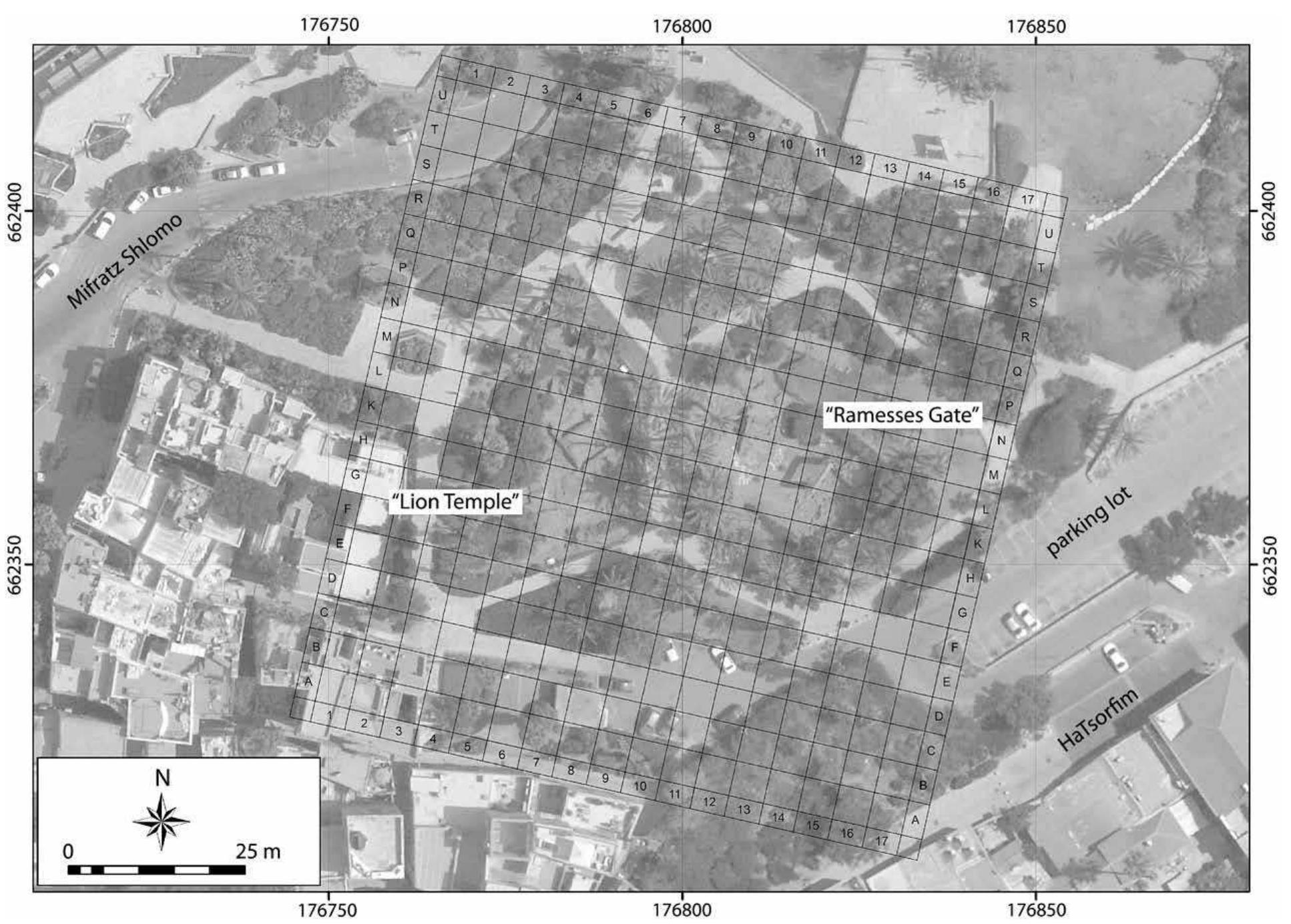 FIG. 3. Aerial view of Area A and area on Tel Yafo north and west toward Mifratz Shlomo Street, showing the location of the two ex- cavation areas, the Ramesses Gate on the east and the Lion Temple on the west, both of which are bounded by sidewalks. The grid system is that of the JCHP from 2011 on and was intended to encompass areas beyond the boundaries of Kaplan’s Area A (drawing by K. Kowalski). 