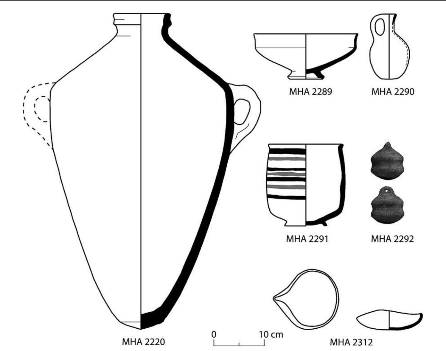 FIG. 4. Vessels belonging to infant burial (L.300) from level VI early: Canaanite jar (MHA 2220), carinated bowl with trumpet base (MHA 2289), Gray Lustrous juglet (MH 2290), bichrome “goblet” (MHA 2291), rattle (MHA 2292), and lamp (MHA 2312). 