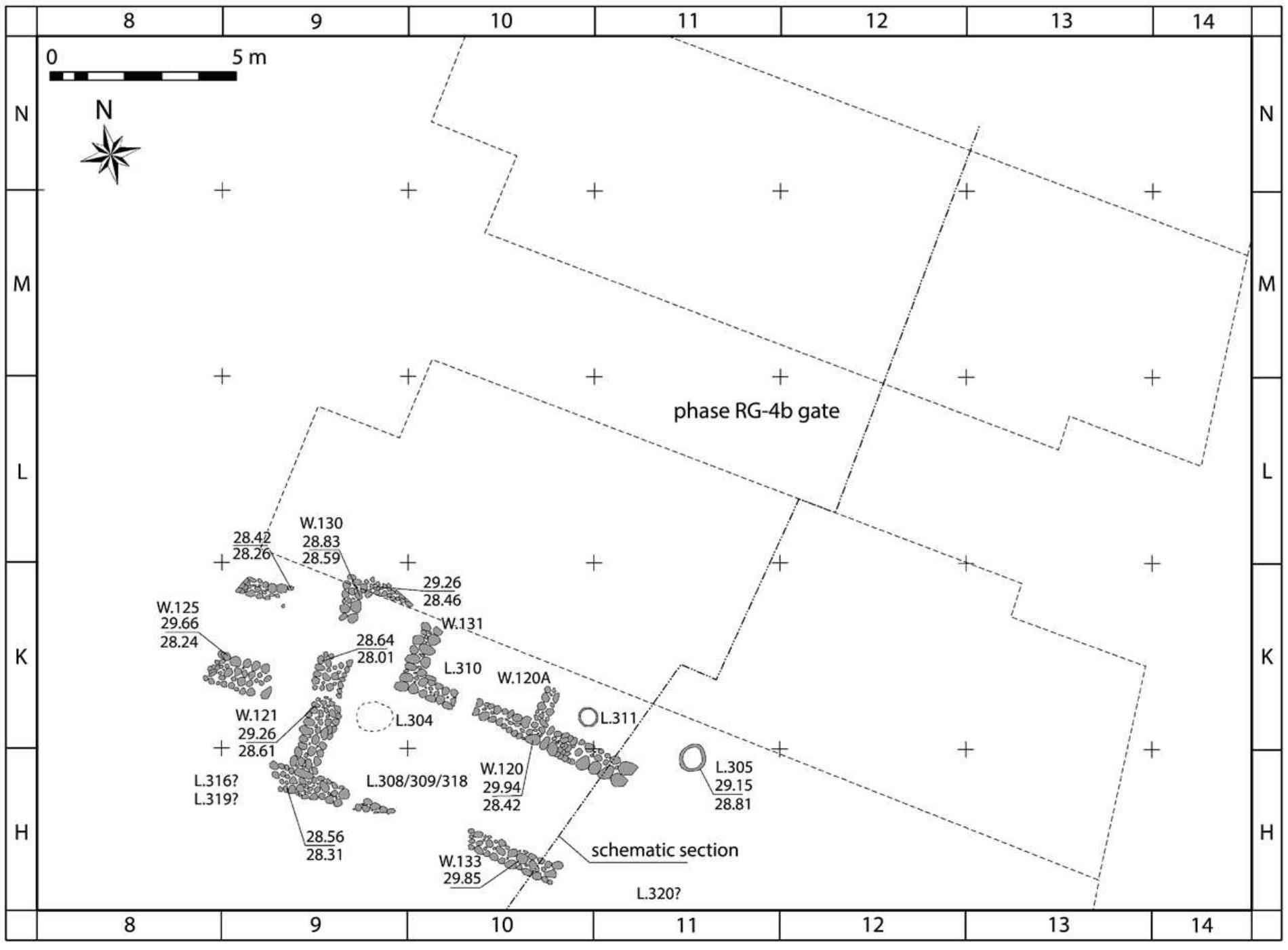 FIG. 6. Plan of Area A, level VI late garrison kitchen building and courtyard. JCHP grid system shown (drawing by K. Kowalski). All numbers with decimals indicate elevations (masl). 