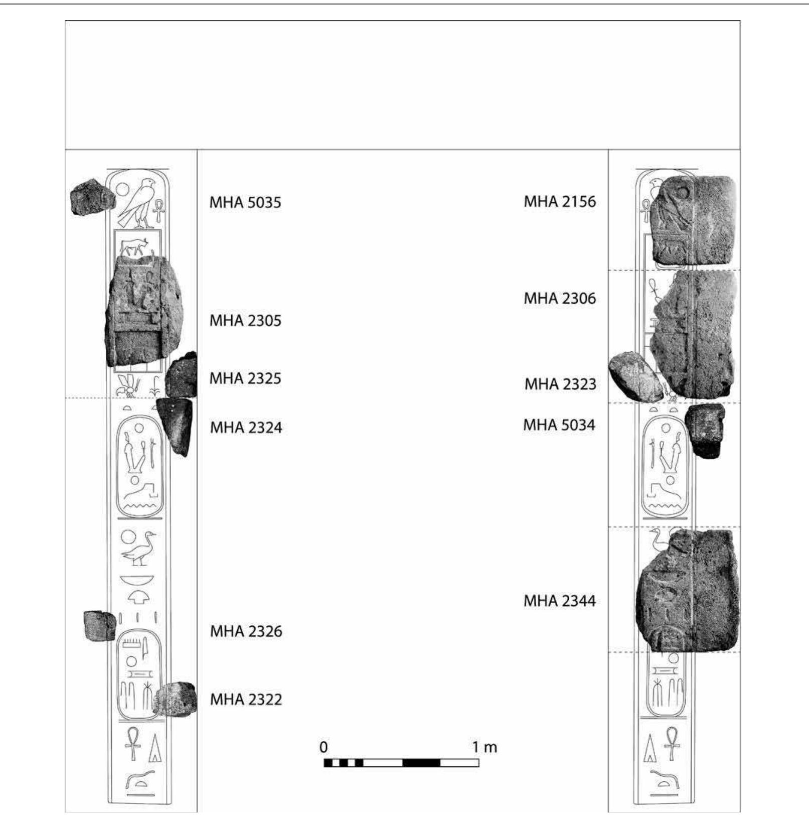 FIG. 8. Level IVB (phase RG-4a) portal facade of Ramesses II, reconstructed from fragments excavated by Kaplan from level IVA (phase RG-3a) (drawing by A. Karoll). 