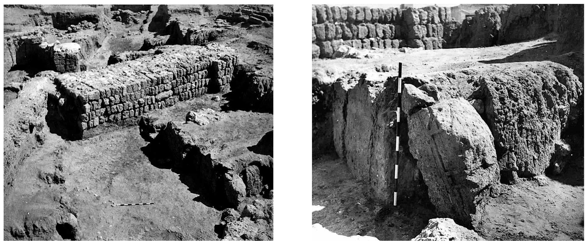 FIG. 11. Phase RG-3a gate complex passageway following excavations in 1956, views to east in both photographs. A fragment ot the Ramesses II portal facade (MHA 2306) originally from level IVB (phase RG-4a) was reused as an orthostat within the level IVA (phase RG-3a) gate complex, as seen in lower right (left) and close-up (right) (field photographs 701 and 866, Kaplan Archive; courtesy Israel Antiquities Authority).  FIG. 10. Late Cypriot pithos (MHA 2155) recovered from level IVB (phase RG-4a) destruction. 