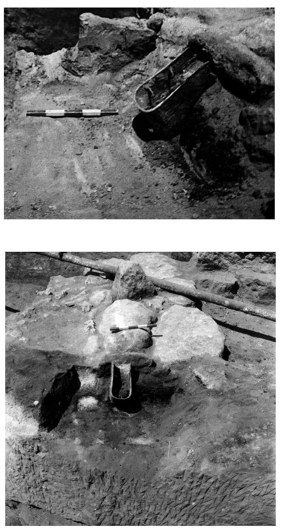 FIG. 13. Bronze gate hinge (MHA 5128) in situ within the level IVA (phase RG-3a) destruction debris in 1956, view to north- west (top) and north (bottom). In the bottom photograph, a British Mandate pipe appears in background, lying across threshold (field photographs unnumbered and 805, Kaplan Archive; courtesy Israel Antiquities Authority). 
