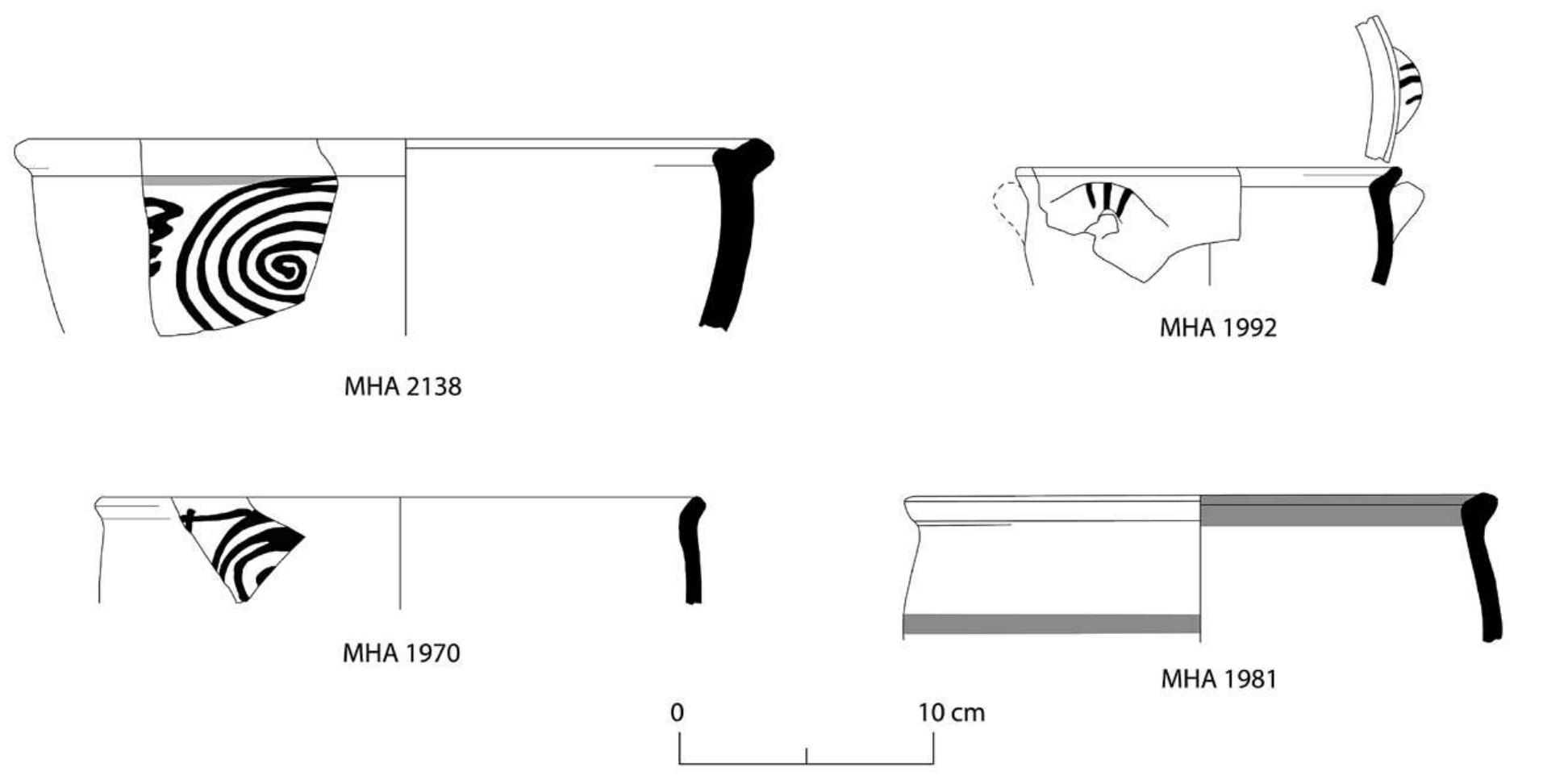 FIG. 14. Philistine ceramics from Kaplan’s excavation of refuse pit L.9 (L.307) in level IIIB: bell-shaped bowls (MHA 1992, 1970) and bell-shaped kraters (MHA 2138, 1981) of the Philistine 3 (debased) type. 
