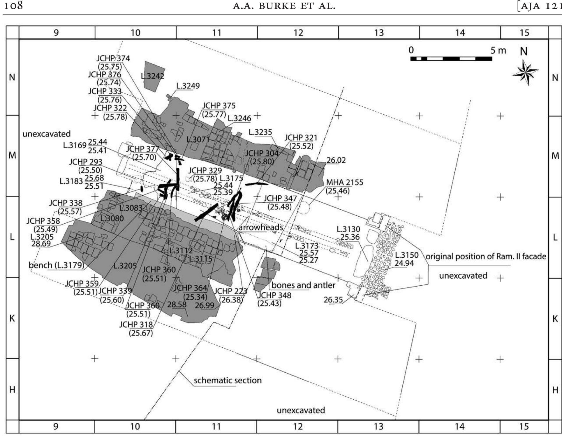 FIG. 18. Phase RG-4a (level IVB) gate complex plan, showing in situ finds from the lowest levels of the destruction debris (drawing by K. Kowalski). All numbers with decimals indicate elevations (masl). 