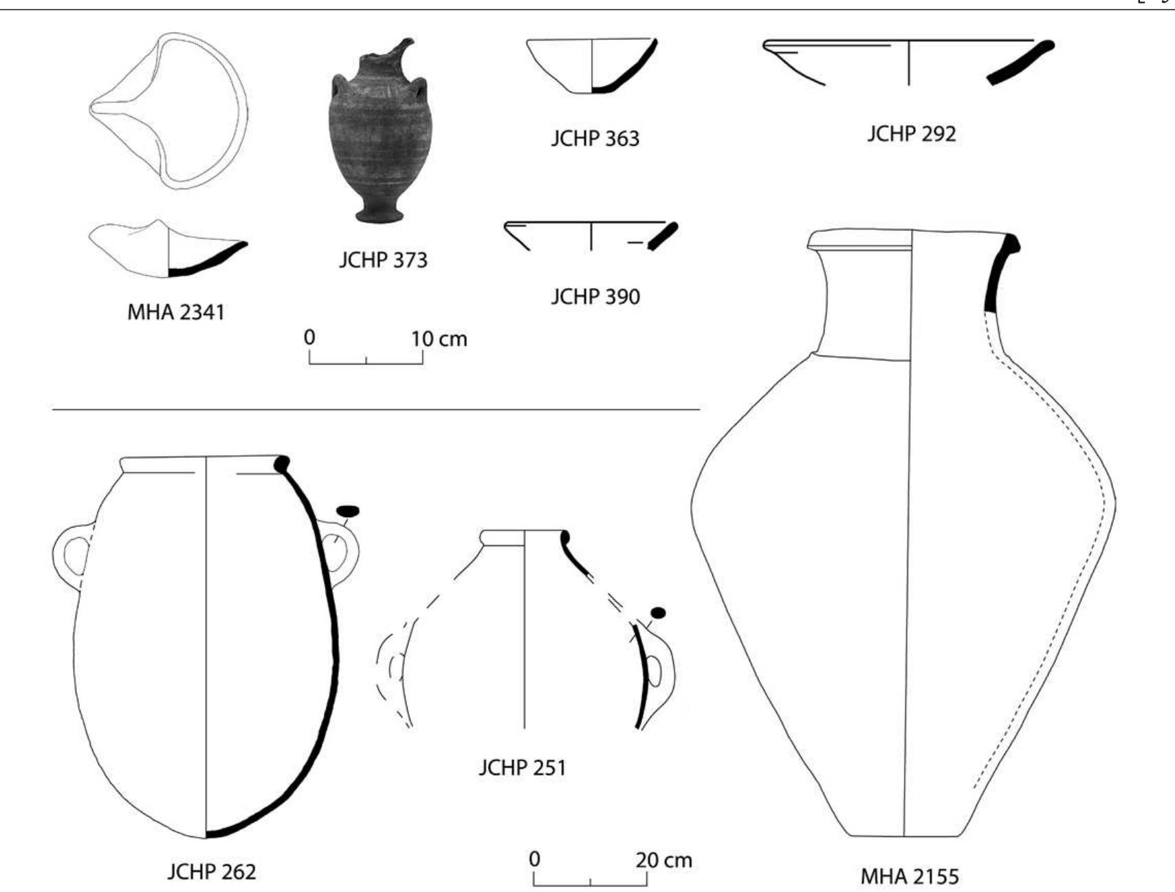 FIG. 22. Ceramics from destruction debris of the phase RG-4a (level IVB) passageway: lamp (MHA 2341); imitation Mycenaean piri- form jar (JCHP 373); Egyptian-style simple bowls (JCHP 292, 363, 390); Late Cypriot pithos (MHA 2155); “Canaanite” transport amphora (JCHP 251); imported(?) Egyptian two-handled ovoid meat jar (JCHP 262). 