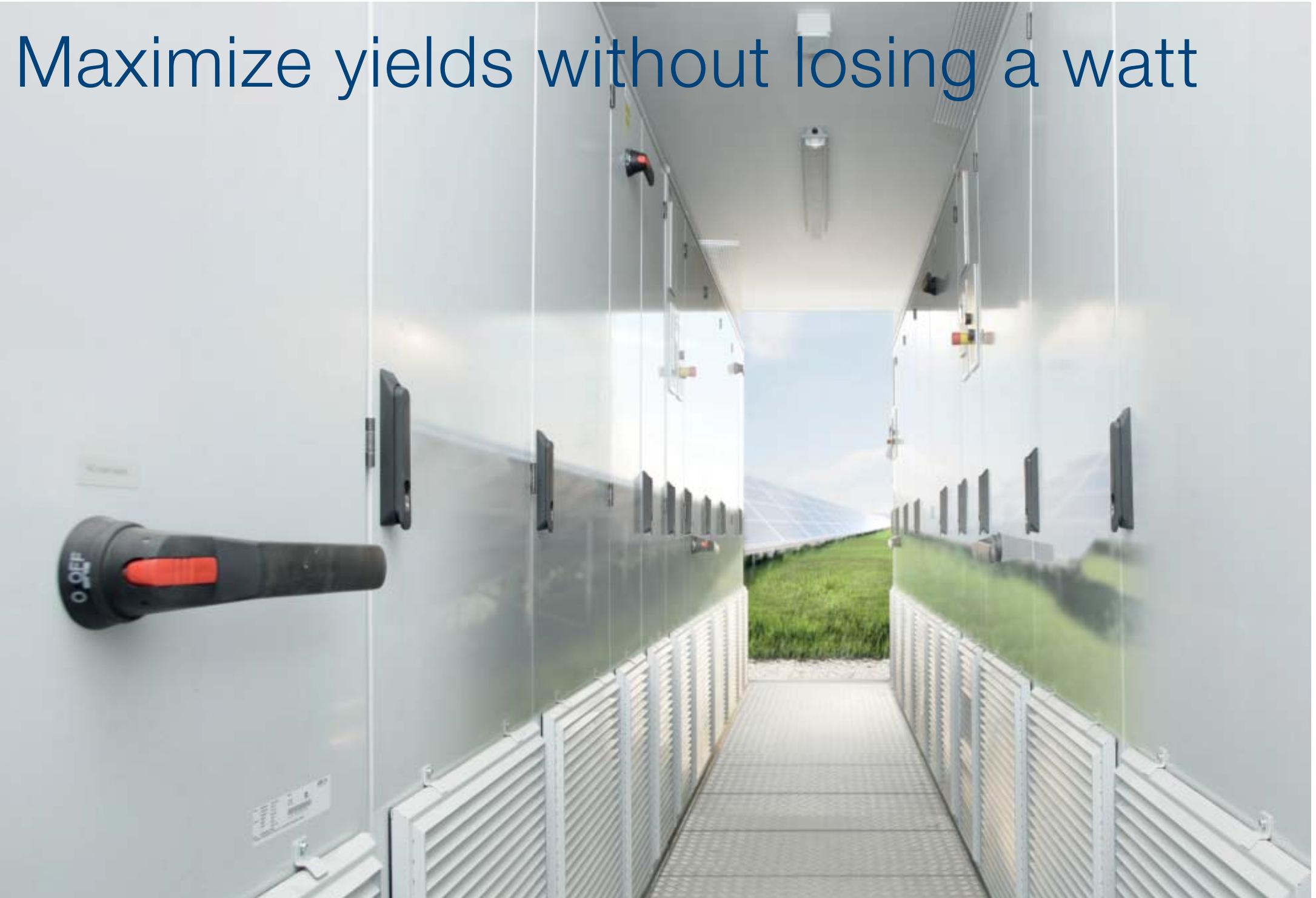 Compact and modular design  Advanced grid support features  Maximum energy and feed-in revenues  ABB central inverters have a high total efficiency level. Optimized and accurate system control and a maximum power point tracking (MPPT) algorithm together with high efficiency power converter design ensure that maximum energy  is delivered to the power distribution network from the PV modules. For  end users this generates the highest possible revenues from the feed-in tariffs.  The inverters are designed for fast and easy installation. The industrial design and modular platform provides a wide range of options like remote monitoring, fieldbus connection and modular and flexible DC input cabinet. The integrated DC cabinet saves space and costs as the solar array junction boxes can be connected directly to the inverter DC cabinet fused busbars. The inverters are customized to meet end user needs and are available with short delivery times.  ABB central inverter software includes  all the latest grid support and monitoring features including active power limitation, low voltage ride through (LVRT) with current feed-in and reactive power control. Active and reactive power output can be limited by using an external source. Active power can also be limited automatically as a function of arid frequency. 