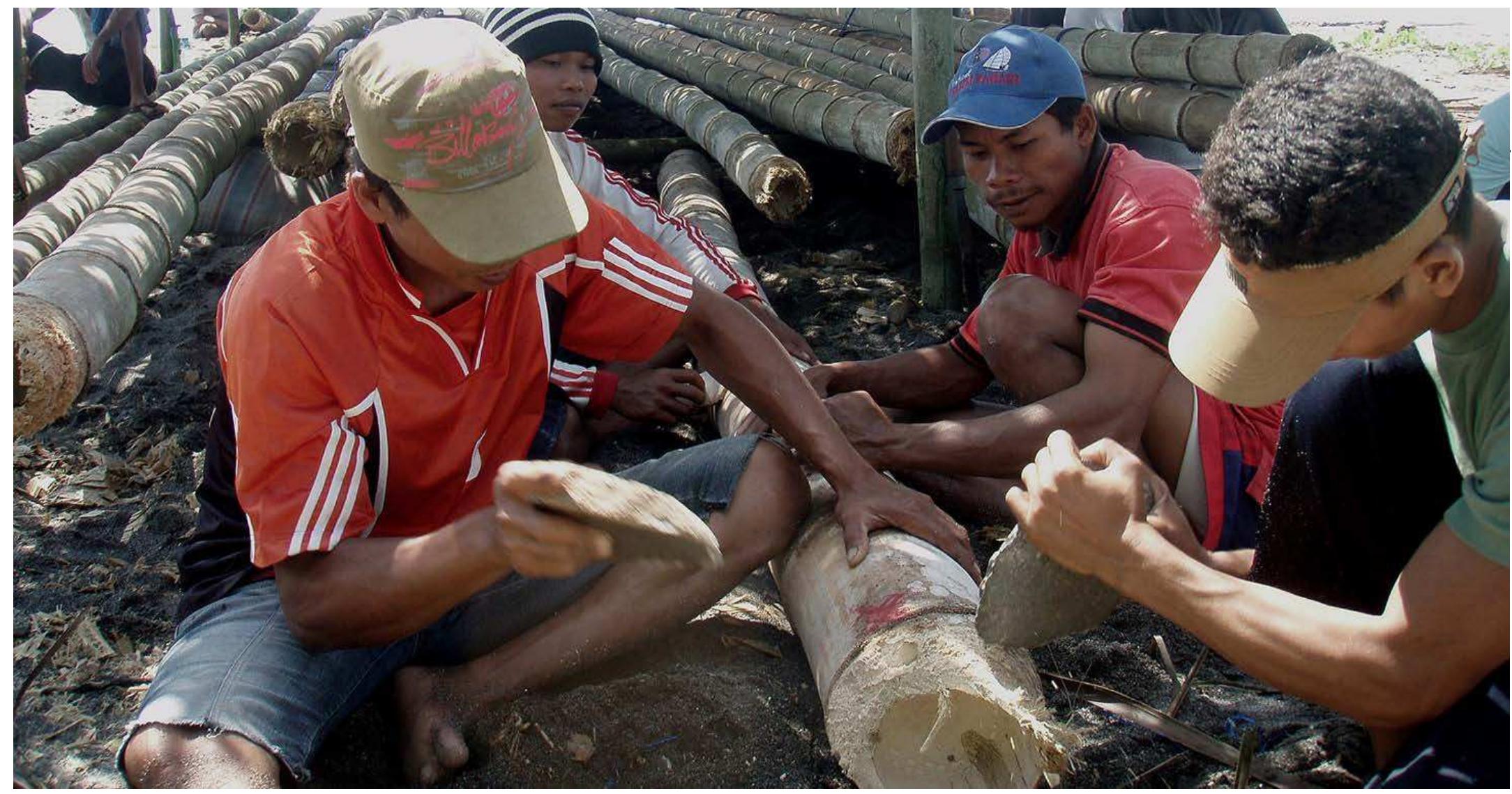 Reconstruction of a lower palaeolithic raft, bearing four