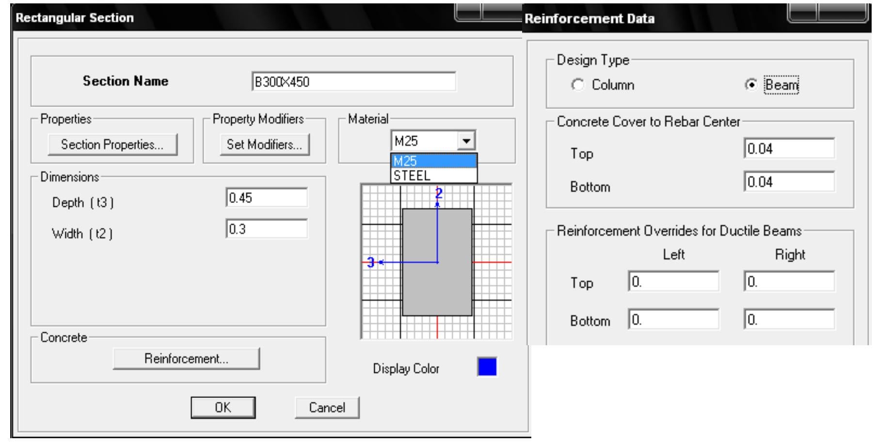 Define column sizes and click reinforcement command to