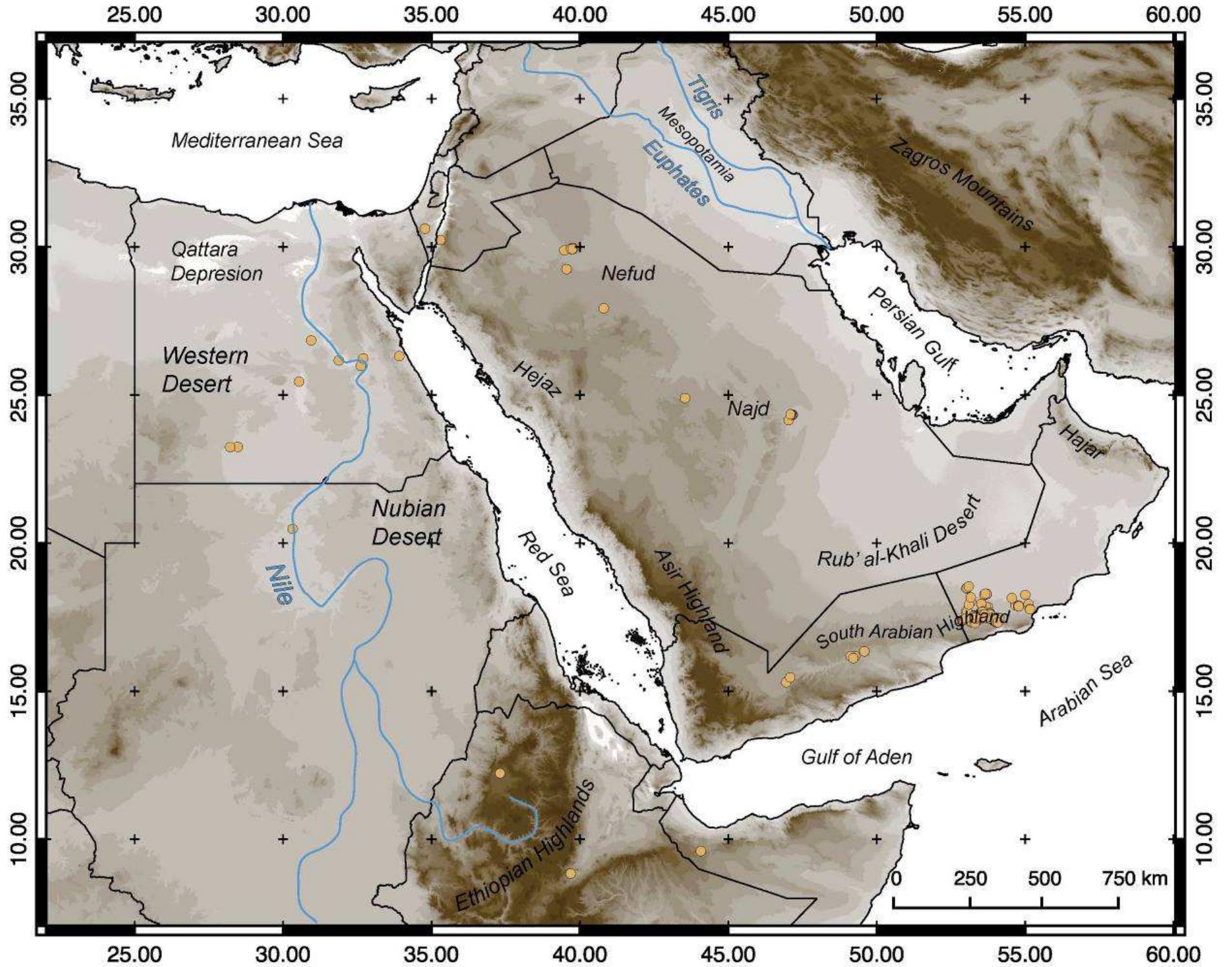 Map showing the location of middle paleolithic sites with