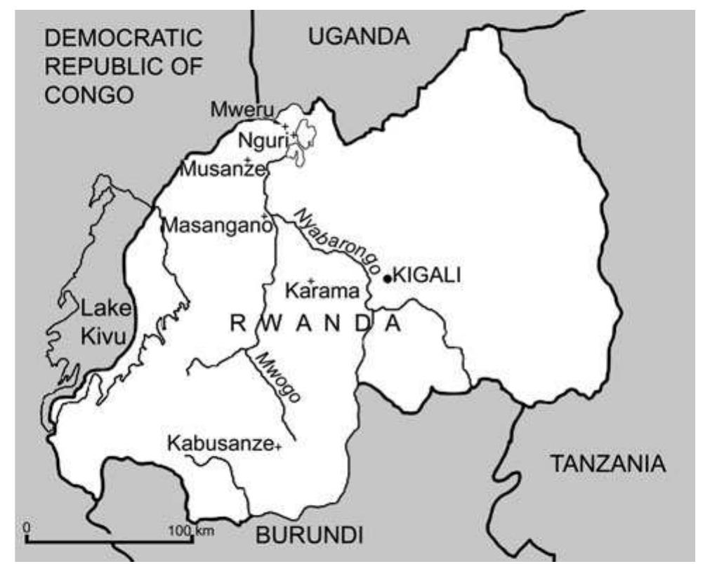 Map showing excavated sites from rwanda (site position