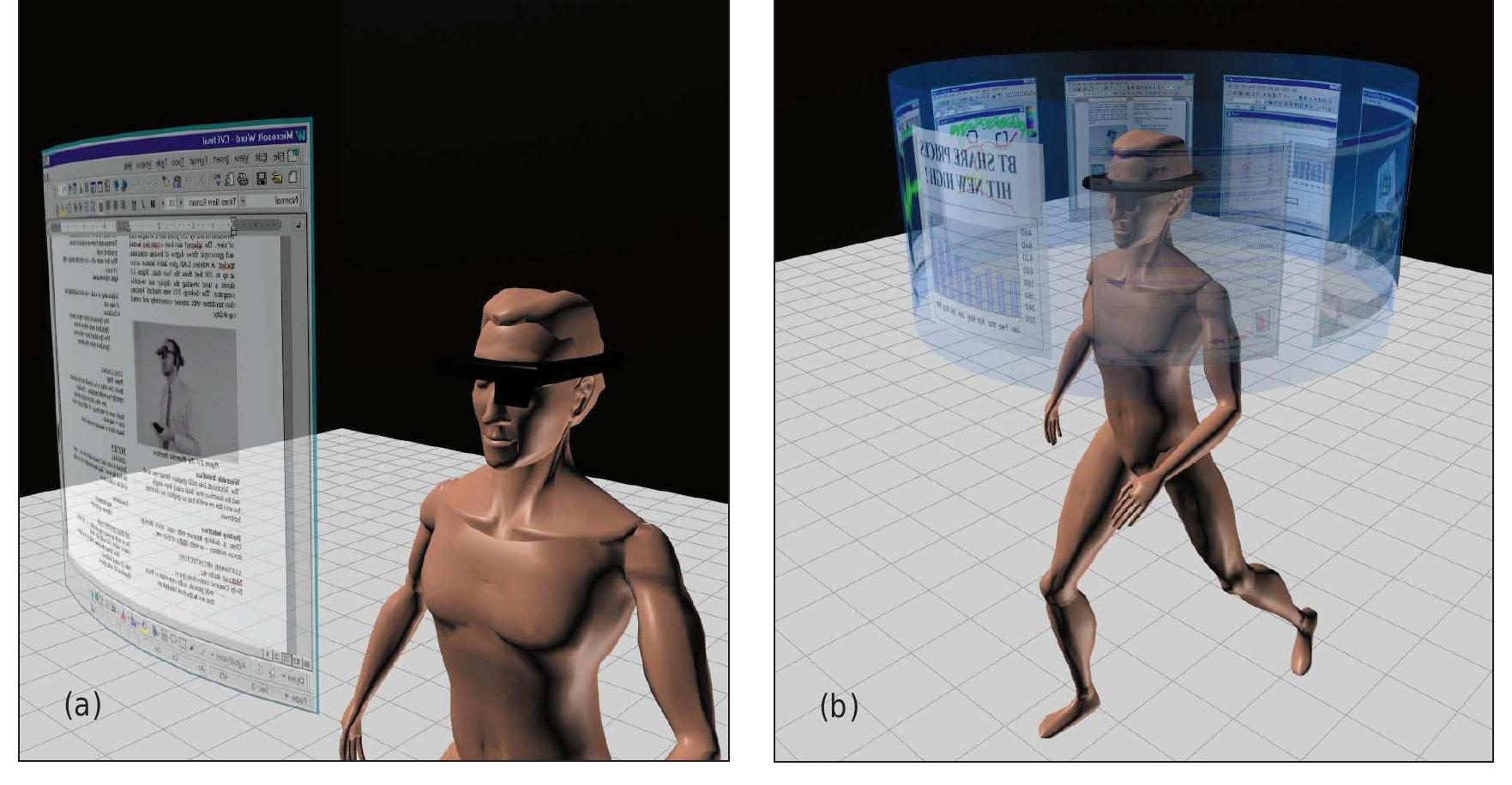 Figure 4. Using the spatial display metaphor. In (a), the more conventional display mode, the display is fixed, and the wearer  sees all the data at once and in one position. In (b), the spatial metaphor is a virtual cylinder of surrounding information, and the wearable computer either rotates the cylinder or tracks the wearer’s head as he looks around. The virtual cylinder lets users find information 30 percent faster than with a fixed display and remember its location more accurately. (Image courtesy of Nick Dyer) 