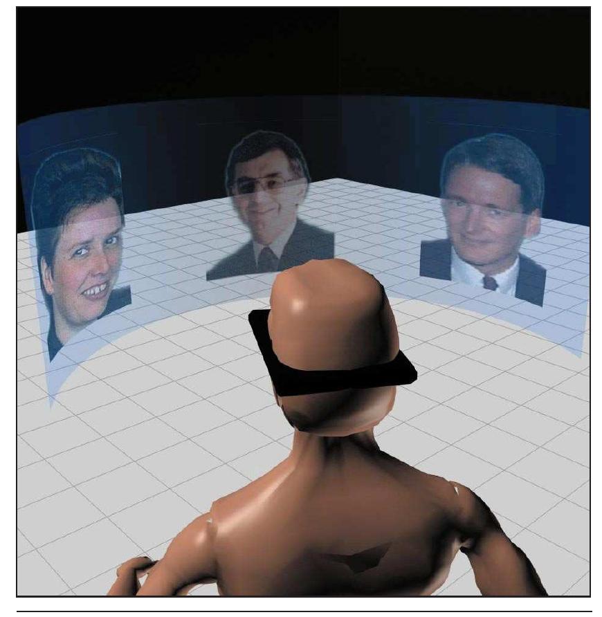 Figure 5. Spatial conferencing. The wearable computer makes incoming audio appear to be coming from the virtual speakers. These spatial cues let users treat participants ina way that more closely resembles collaborative work. (Image courtesy of Nick Dyer) 