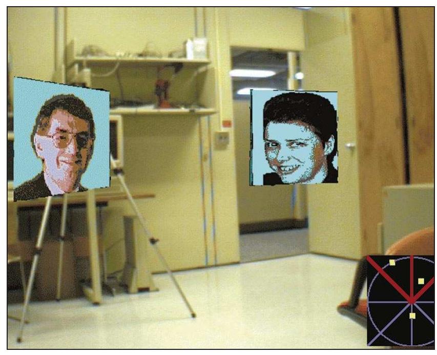 Figure 6. A prototype implementation of the conferencing concept in Figure 5, in which remote participants are super- imposed on the local user’s real world. 