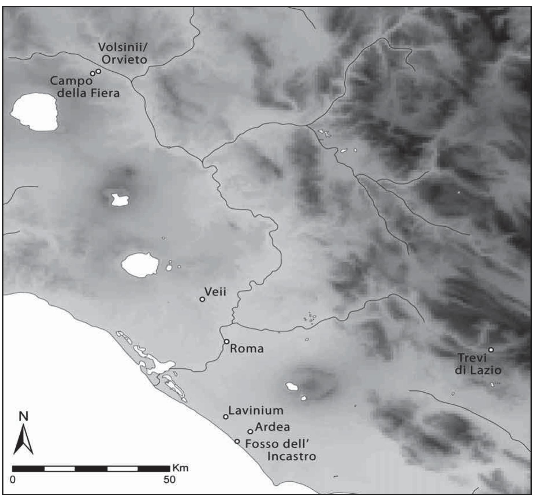 Fig. 6. Map of central Tyrrhenian Italy, showing sites mentioned (Author). 