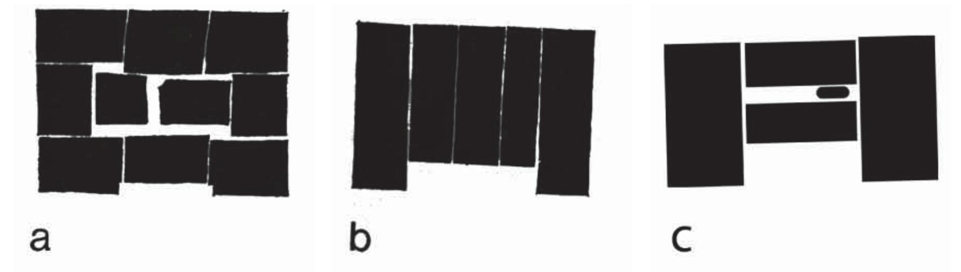 Fig, 8. Construction types of altar base-molding courses: a) Lavinium box-type; b) Lavinium platform-type; c) Fosso dell’Incastro type (Author, after Giuliani-Sommella 1977, p. 360, fig. 3, with additions by author). 