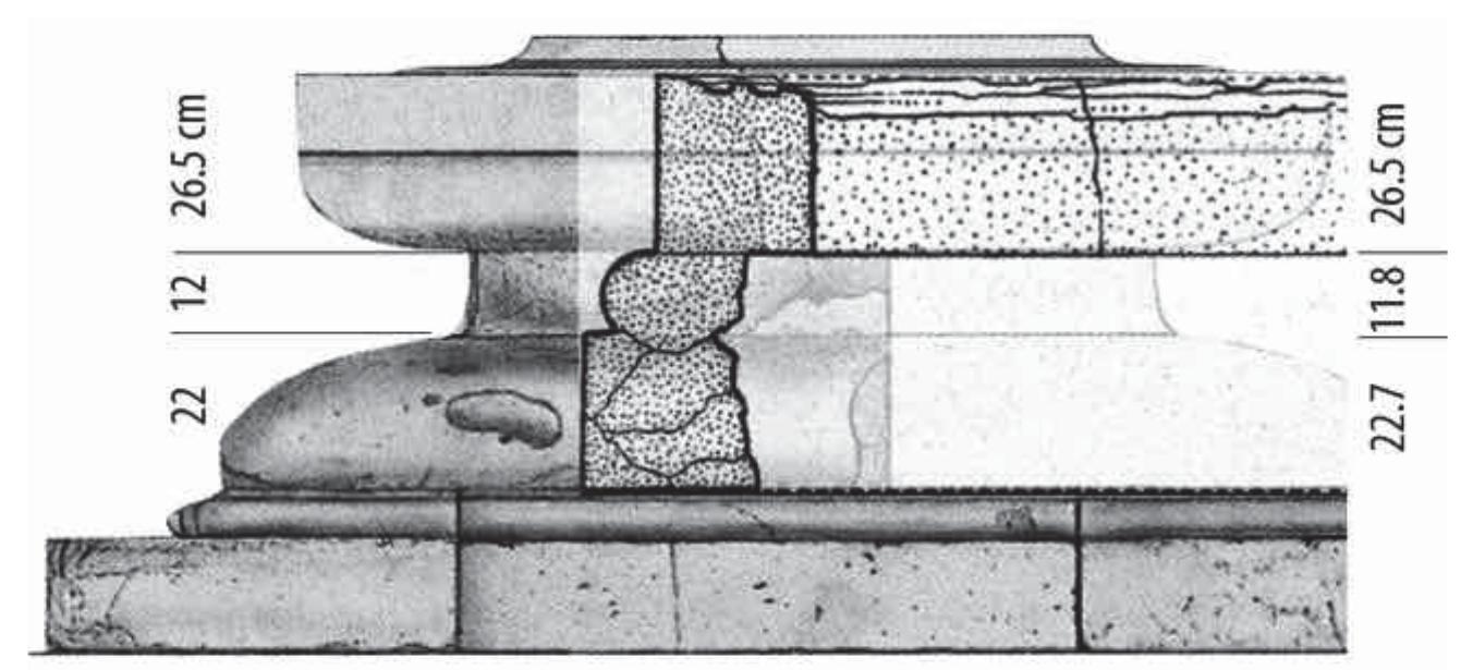 of the Folvios inscriptions is questionable’. Frascarelli accepts Ioppolo’s reconstruction of a mol- ded base for the inscriptions (a reconstruction discarded by Torelli), which gives a height of 0.61 m, or just over two Roman feet. The resultant correspondence in dimensions between the various elements is indeed curious, but there is no correspondence between the forms of the moldings (fig. 23). The hypothetical nature of Ioppolo’s reconstruction, moreover, makes it an insufficient basis on which to hang a building program. Further, Frascarelli compares the entire two-foot height of the circular monument with the two-foot height of what she calls “la parte pit significativa e caratterizzante delle modanature” of the CdF monument, which includes the lower echinus but not the plinth, torus, or fillet, plus the neck, upper echinus, and abacus, but not the subsequent cavetto'’’, What is supposed to be significant about this dimensional coincidence is left unclear.  In a different metrological argument, Frascarelli compares the statuary foot-holes on the Folvios . . a a. 1 7%. | 1 miamn 7 - oe a : : ne: | ae _. $2, oe 1 73fr . 1 