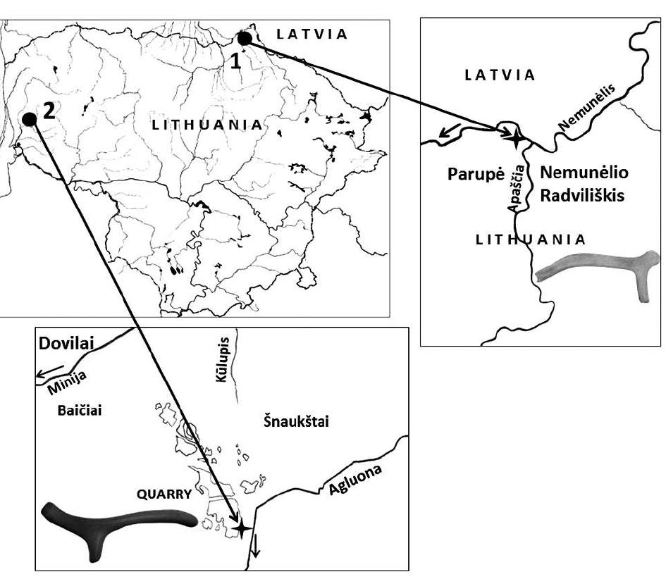 Fig. 2. Find sites of Lyngby type axes in Lithuania: 1. Parupé (BirZai District), 2. SnaukStai (Klaipéda District). Settings of the find spot 