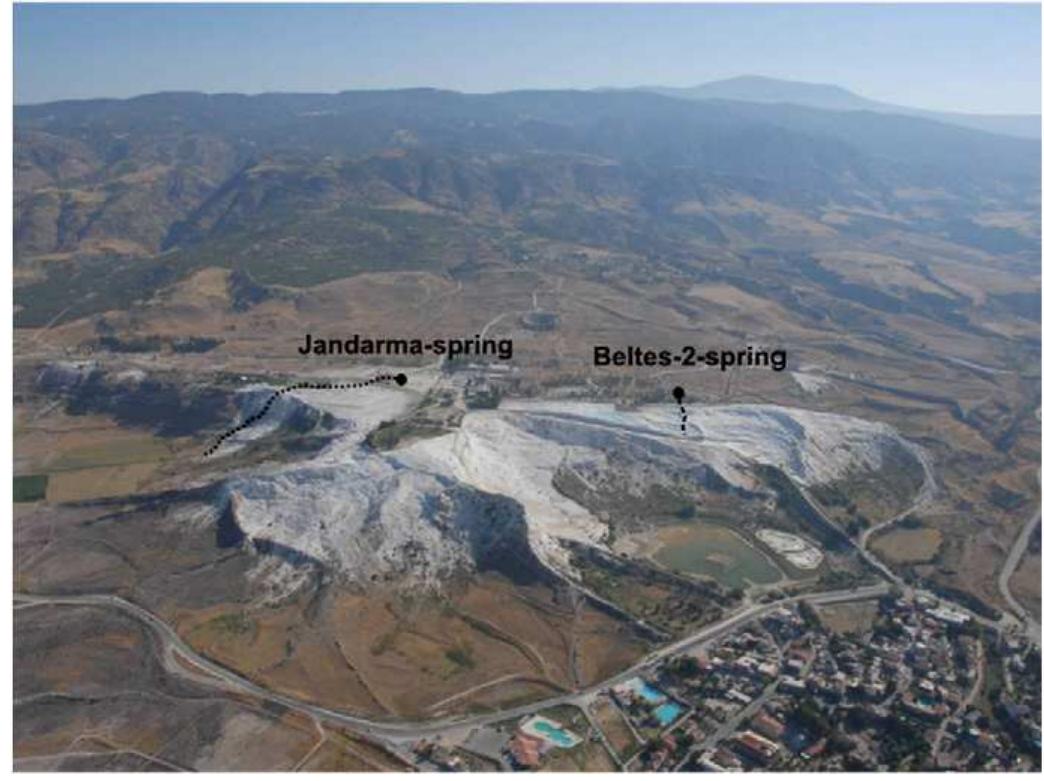 Fig. 1. Birds's eye view of the Pamukkale Range-front travertine indicating the downstream section of the Jandarma- and Beltes-2 springs.  Earlier studies of the Denizli travertines generally focused on Pamukkale and on the hydrogeology, geothermal potential and chemistry of Pamukkale thermal waters (Gékalp, 1971; Sentiirk et al., 1971; Kogak, 1976; Canik, 1978; Ekmekci et al., 1995a,b; Gdkgéz, 1995; G6ékgéz and Filiz, 1998; Simsek et al., 2000). Filiz (1984), who first published stable isotopic data of Pamukkale Hot Springs, concluded that the CO, content of the spring waters came from magmatic resources. Altunel and Hancock (1993a, b) classified the Pamukkale travertines according to their morphology, while Altunel (1994) and Hancock and Altunel (1997) investigated the relationship between active fissuring, faulting and travertine deposition and presented some U/Th age data from the fissure ridge travertines. Cakur (1999) described the Balkayasi, Yenice, Gdlemezli and Pamukkale travertines and interpreted their structural attributes, paying particular attention to the fault zone. Ozkul et al. (2002) described different lithofacies types from recent and old travertines in the Denizli Basin, determined their local depositional environments, and presented some stable isotope data from various locations. In recent years, new geochemical and U-series dating studies 