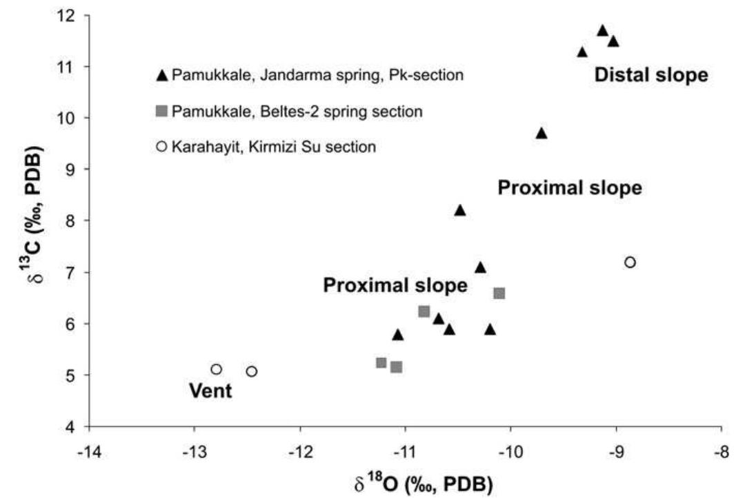 Fig. 11. Oxygen and carbon isotopic compositions of travertine samples collected from the downstream sections of Pamukkale and Karahayit (data included in Table 2). (date o sampling: 7 November 2007 and 7 May 2009 at Pamukkale, and 7 May 2007 at Karahayit). 