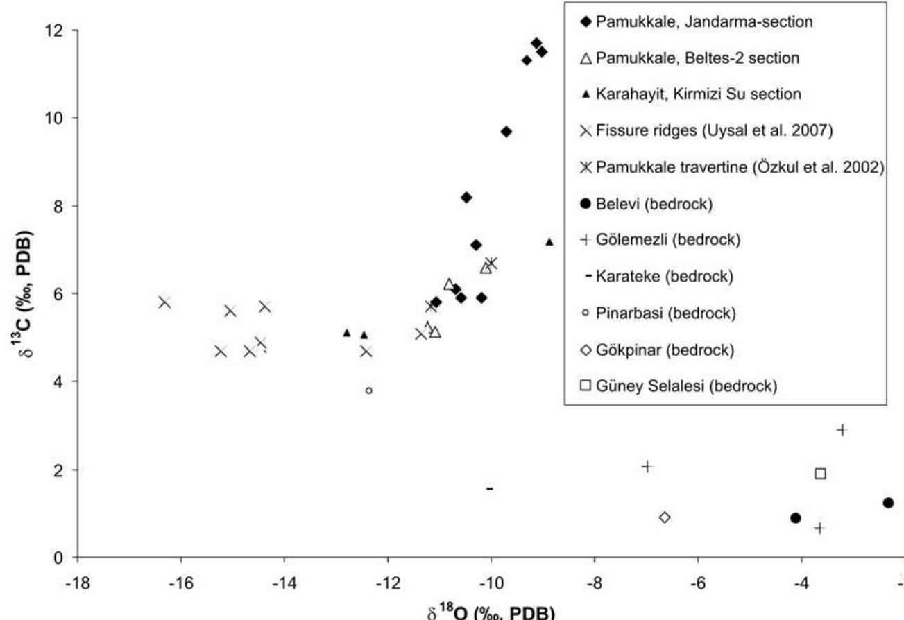 Fig. 13. Stable carbon and oxygen isotope compositions of various bedrock samples from the Denizli Basin. See Table 7 for rock types  The Mg/Ca ratio of thermal water (which is increasing along the downstream sections) has an effect on the formation of aragonite (Leitmeier, 1915; Folk, 1994) and according to Fischbeck and Miiller (1971) the aragonite precipitation becomes significant when the Mg/Ca ratio is ~2.9. During the study of the Hungarian Egerszal6k travertine Kele et al. (2008a) found that aragonite-bearing samples have higher Sr abundance than aragonite-free ones, while Ishigami and Suzuki (1977) observed the same behaviour in Japanese travertines. The reason for this is that aragonite hosts more Sr relative to calcite (Gaetani and Cohen, 2006). This kind of Sr-preference cannot be observed at Pamukkale, because of the low (1-5%) aragonite concentration of travertines. At the Jandarma-section the measured Mg/Ca ratio ranges from 0.3 to 0.5, while the water temperature is below 40 °C, thus, these observations confirm the above statements.  In the Denizli Basin both thermogene travertines (e.g. Pamukkale) and meteogene calcareous tufa (e.g. Giiney) occur (e.g. Filiz, 1984; Ozku et al., 2002; Horvatinti¢ et al., 2005; Ozkul et al., 2009). Based on He and C isotope analyses Giileg et al. (2002, 2005) pointed out that the high CO, pressure in the spring waters of Pamukkale derives mainly from mantle source, whereas Filiz (1984) concluded that the CO2 content of the Pamukkale Hot Springs derives from magmatic sources. Uysal et al. (2007) observed significantly positive 6'3C values (4.7 to 5.8%o) at the Pamukkale geothermal field on some fissure ridge vein travertines and suggested a thermogenic origin for the CO. According to Uysal et al. (2009) in the case of fissure ridge travertines the possible cause for the positive 5'3C values can be the non-equilibrium fractionation during quick degassing of the dissolved CO, gas (rich in !*C) during seismic strain cycles. However, our measurements showed (Fig. 13) that the recently forming terraced-slope travertine of Pamukkale has also significantly positive 5'°C values, thus, it is not necessary to assume non-equilibrium fractionation during the formation of fissure ridge travertine and consequently, 5!?C,,avertine Can be used to determine the origin of CO.  