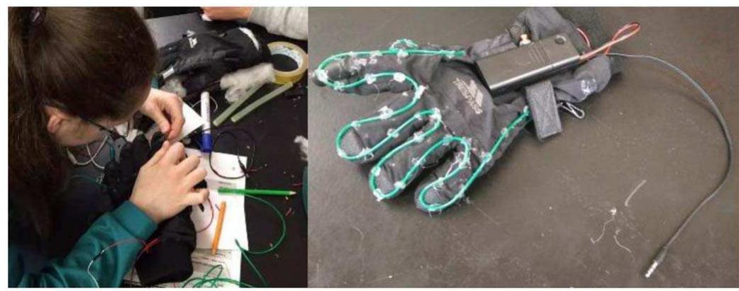 Fig. 4. Left: making the EyeGlove with glued on electroluminescent wire and audio cable to attach to phone for calls. Right: final prototype. 