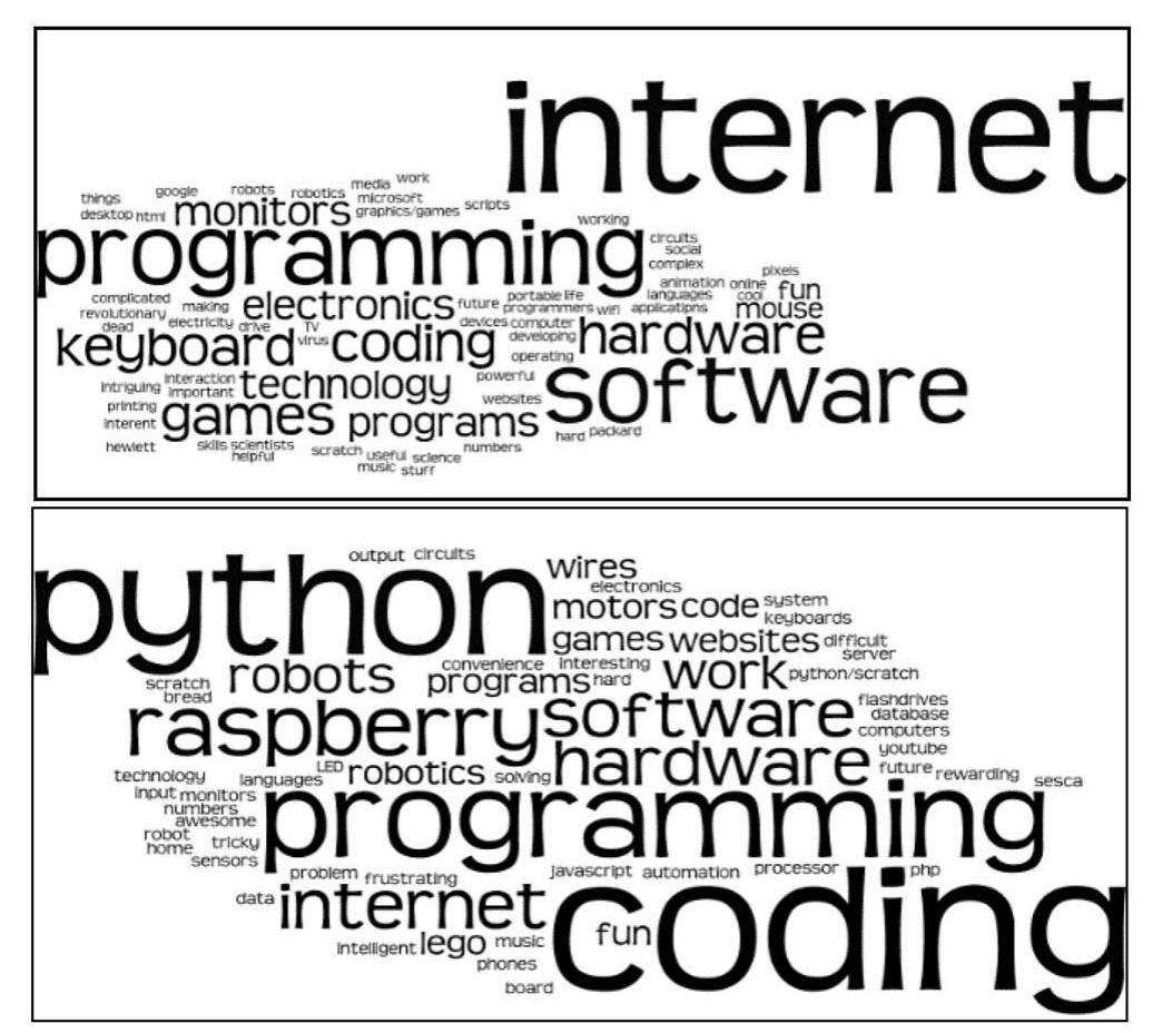Fig. 9. Pre (top) and post (bottom) words students associated with computing. 