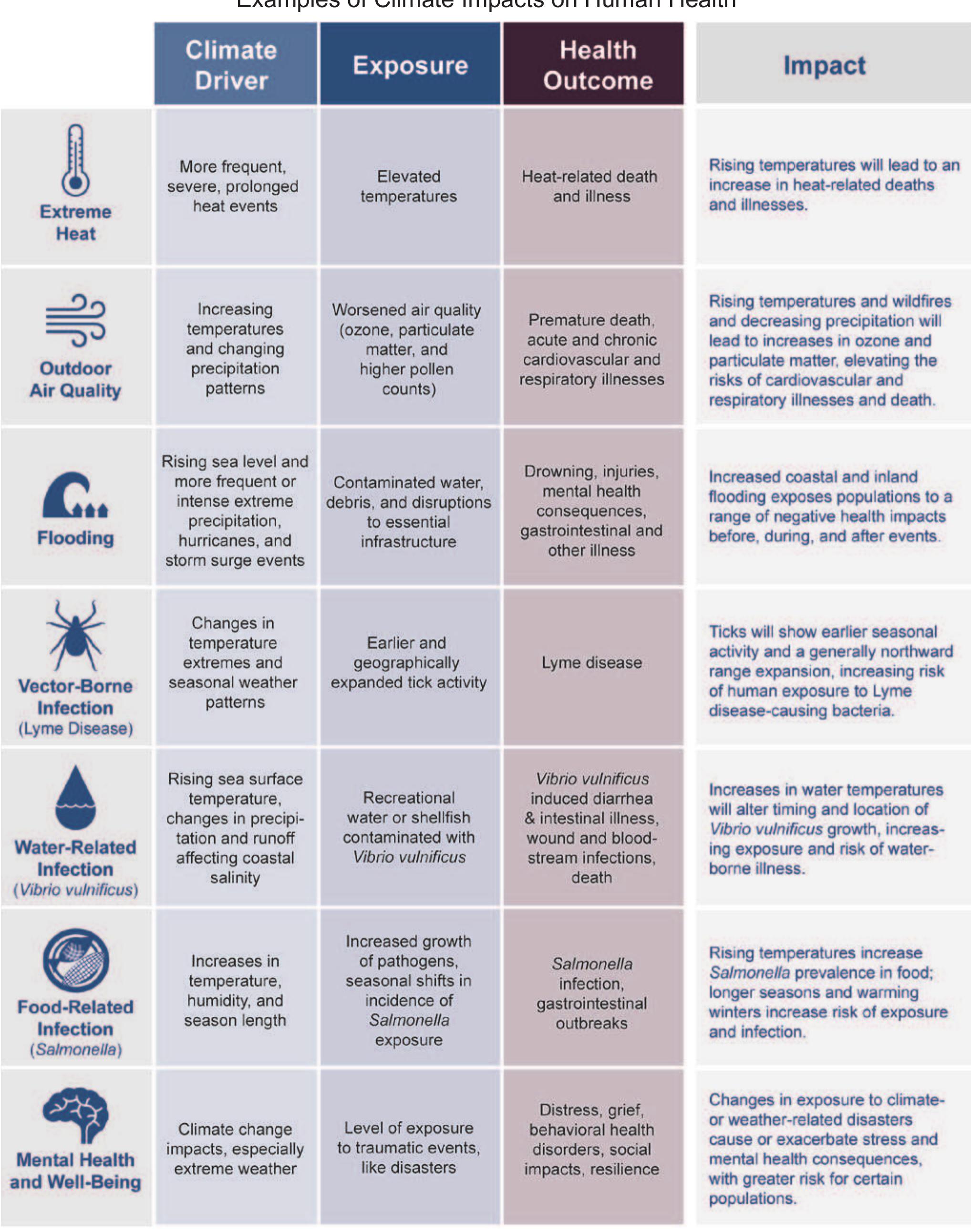 The diagram shows specific examples of how climate change