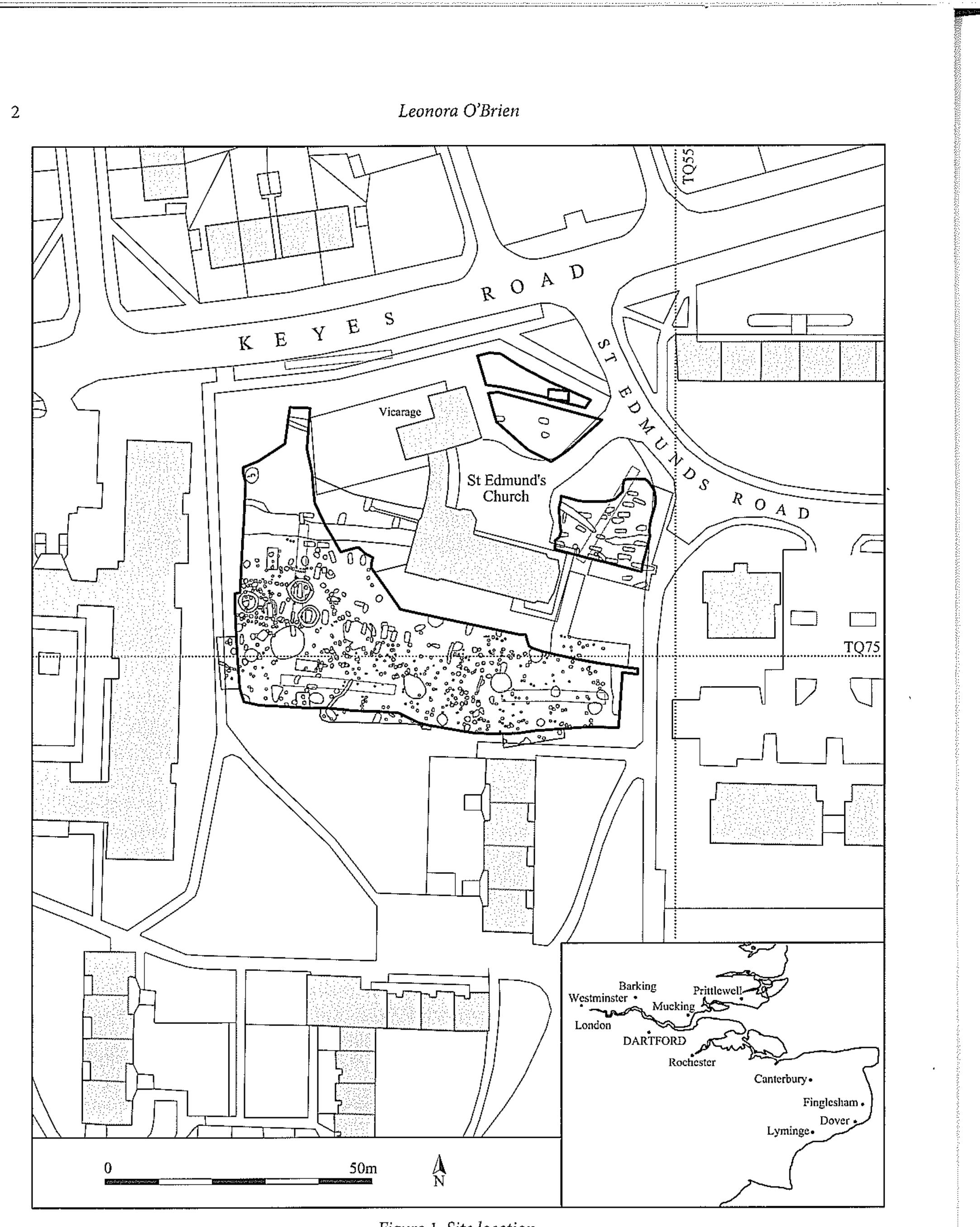 Overview of archaeological interventions  periphery of Dartford. The area of Temple Hill is known to contain significant, multi-period archaeological remains, including a series of Anglo-Saxon inhumations and cre- mations located between Temple Hill and Joyce Green (Fig. 3). Archaeological work was undertaken in response to the proposed construction of a new church, community centre and residential housing fronting St Edmund's Road. 