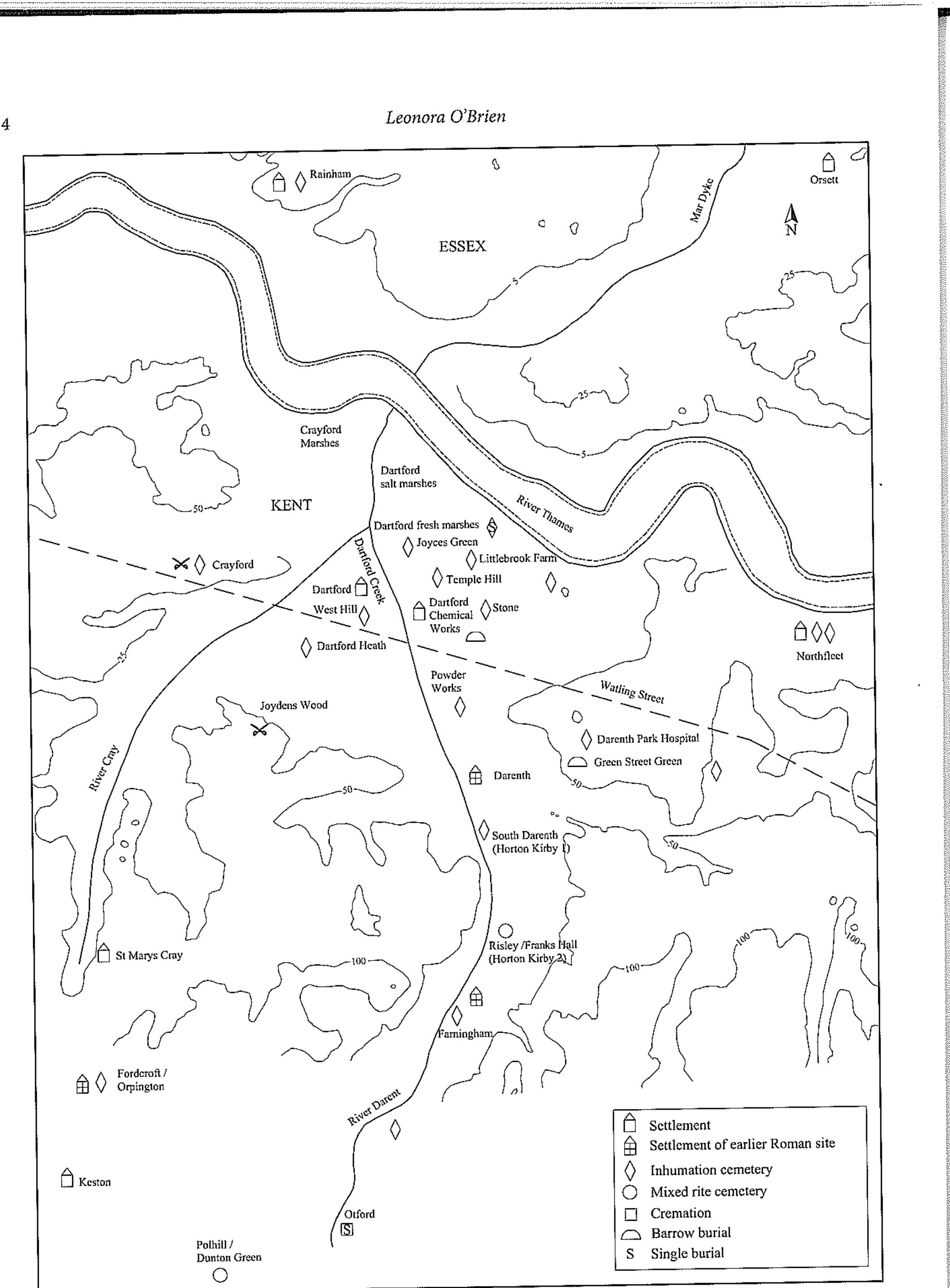 Figure 3. Distribution of Anglo-Saxon settlements and cemeteries in the Darent Valley  Fifty-one Anglo-Saxon graves were excavated and were provisionally dated to the fifth to seventh centuries. Graves were aligned west-east or south-north within fairly orderly rows, and three lay within ditched enclosures. One, situated  account of finds and features encountered at the site, together with specialist analytical reports and full chron- ological phasing, is presented in the Research Archive Report.” 