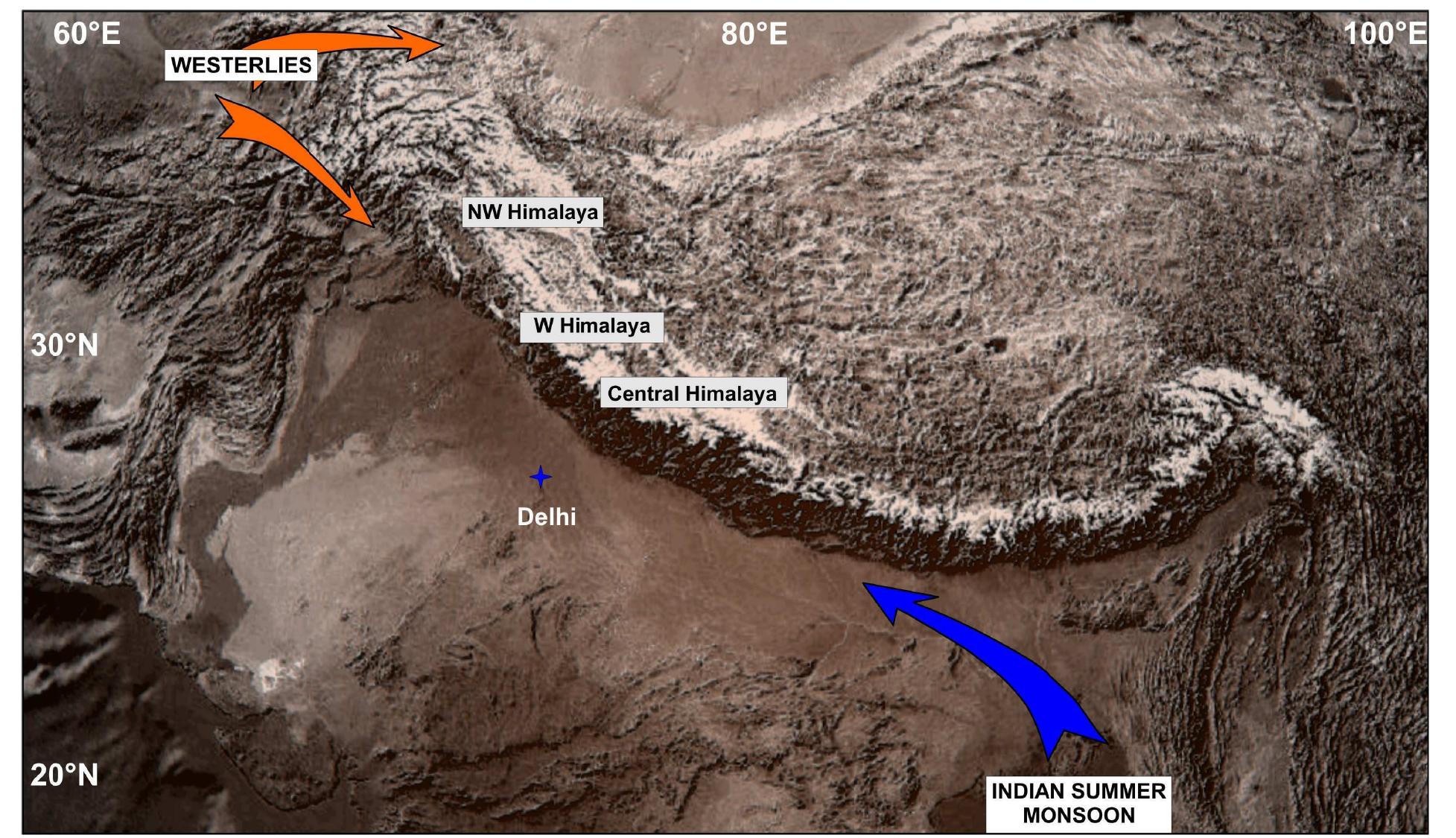 Fig. 1. Map showing the locations of the areas discussed in the text along with the trajectories of two major weather system viz. the summer monsoon and the mid-latitude westerly. 