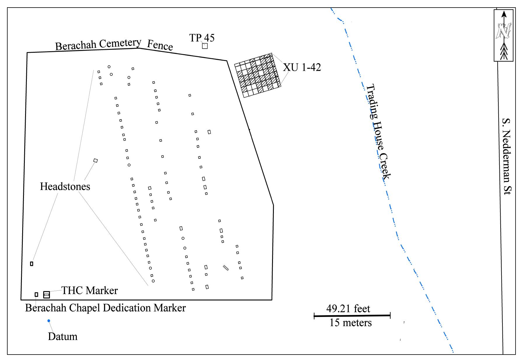 Map Datam Marker 1. plan map showing the location of excavation units (xu),