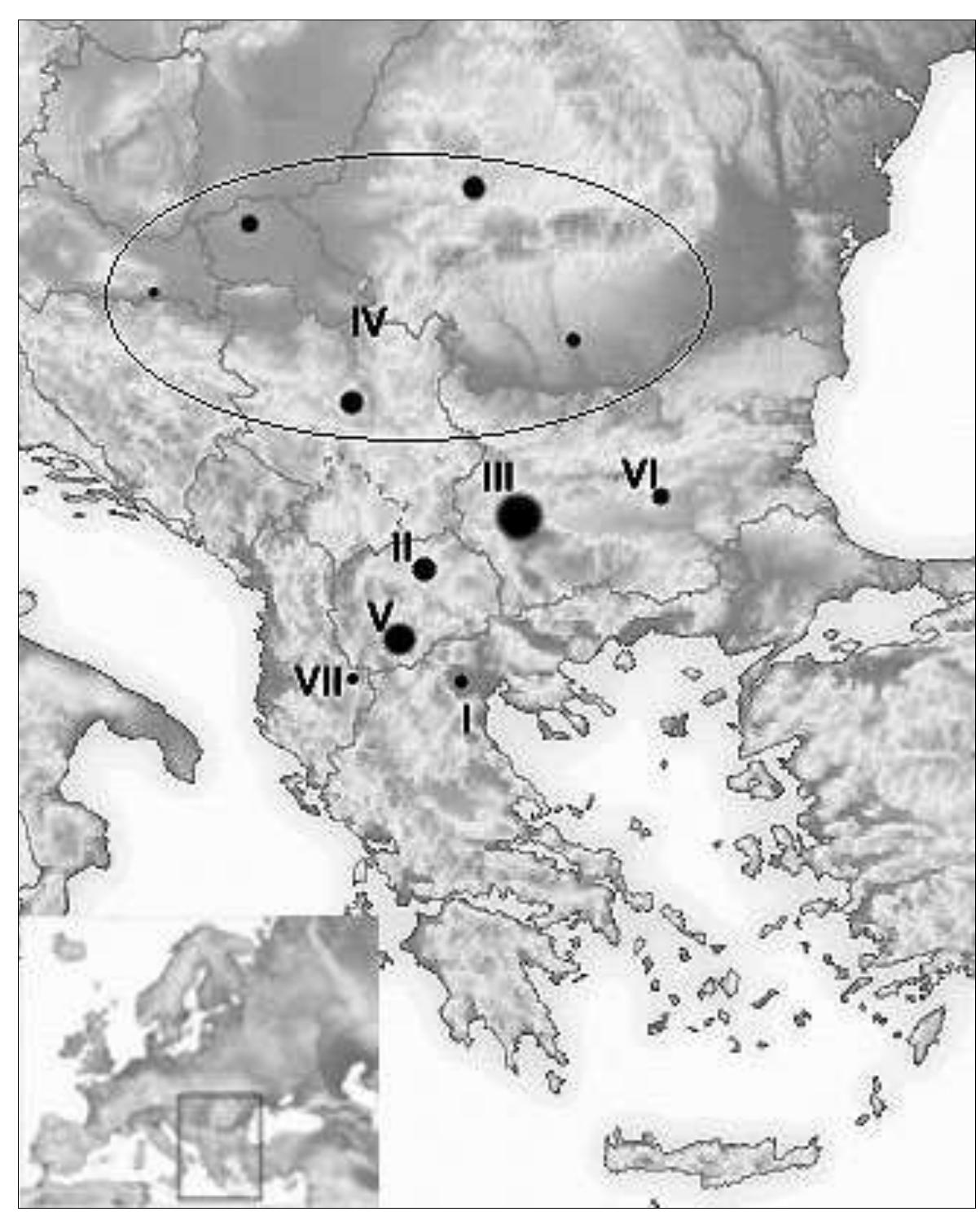The middle Struma valley in Bulgaria has the highest concentration of sites with WPP, with ;
chronological span from the very beginning of the 6th millennium until the middle of it (grouy
III in fig. 1; fig. 4). From the border with Greece to Pernik, several sites have been excavated anc
published: Kovaéevo, Ilindenci, EleSnica, Vaksevo, Nevestino, Krainici, Galabnik, Negovanci
Priboy (Lichardus-Itten, 2009; Salanova, 2009; Grebska-Kulova et al., 2011; Uoxamxues et al.
2007; Uoxamxues, 1990; Uoxamxues, 2007). A bit further to the northeast, on the Sofia plateau ar
Slatina and Kremikovei (Nikolov, 2007; Toqoposna and Baiicos, 1993). To this group we can ad
Dzuljunica, the only site in Bulgaria north of Stara Planina where, according to the stratigraphy
proposed by Elenski, WPP was found in layer II (Eneucxu, 2006; KrauB et al., 2014). As the plot i
fig. 4 show, the developments in middle Struma and in Dzuljunica II are more or less contemporary
while the Sofia area (as the Slatina dates show) was settled somewhat later.
