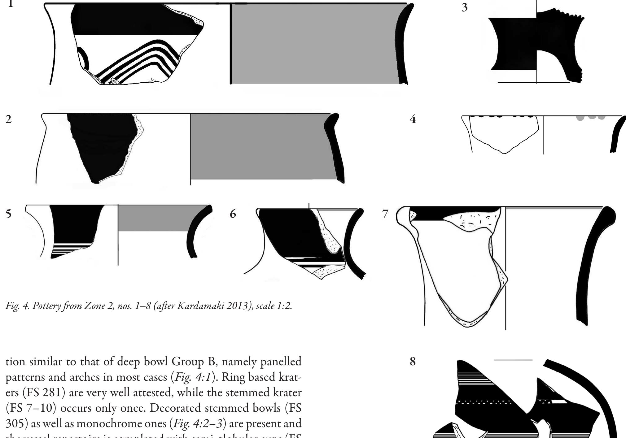 thought to appear only with LH IIIC Early, like the semi- globular cups FS 215% (Fig. 4:4), are present in Zone 2, but are rare. The rarity of these features is also suggested by the re- evaluation of LH IIIB2 Late contexts of the Lower Citadel.** Furthermore, the low percentage of Group B deep bowls in Zone 2 (Table 1), one of the diagnostic types of LH IIIB2,”, that is equally represented as deep bowl Group C, is also at- tested in other contemporary contexts (LH IIIB Final) of 