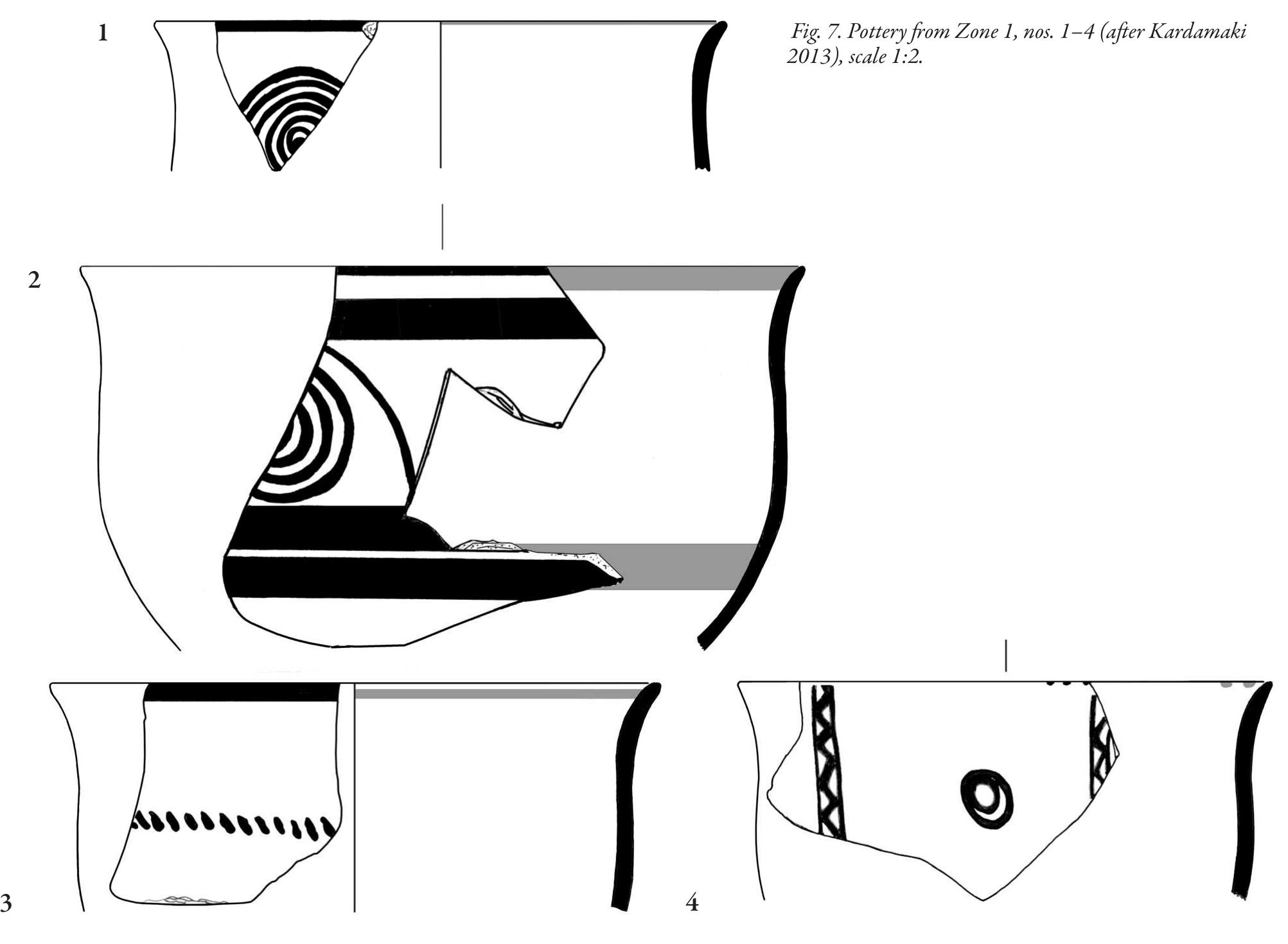 Table 2. Frequency of selected vessel types in Zones 1 and 2.  The pottery analysis and comparison with Zone 2 showed that although typical pottery features of the LH IIIB2 period are abundant, there are two noticeable differences. Firstly, some vessel types occur in much higher percentages in Zone 1, and secondly, specific vessel types, motifs, and even decora- tion are limited to Zone 1. For example, the Group A deep bowl, again the most frequent vessel type, is now often deco- rated with antithetic (FM 50), running spirals (FM 46) and narrow zonal patterns, such as foliate band (FM 64) (Fig. 7:1 and 7:3), while other forms of decoration, such as lozenges (FM 73), are becoming rare (Zable 2). In addition, the per- centage of the rosette deep bowl drops in Zone 1 (able 1),  while the better-preserved vessels of this type belong to small vessels, with the motif high up, close to the rim, a feature that at Mycenae occurs in early post-destruction levels” (Fig. 8:2). Among deep bowls with monochrome interior, the Group B deep bowl is the least frequent type, while the deep bowl  Group A with monochrome interior, increases in numbers 