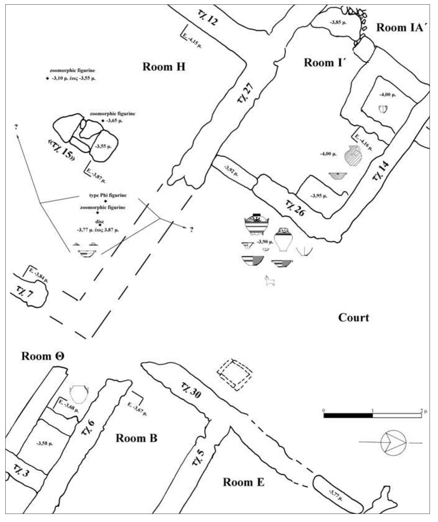 The contexts that have been most thoroughly examined so far come from Building Com- plex I?°. This Complex provides evidence for several activities such as cooking”*, consump- tion of food and small scale storage”. In addition to this, some areas and rooms of Build- ing Complex I yielded evidence of cult activities and specialised production. The latter is indicated by the discovery of a partly preserved wheel, clay objects, kiln wasters as well as stone and bronze tools”®. The wheel and the wasters were found in secondary deposits and 
