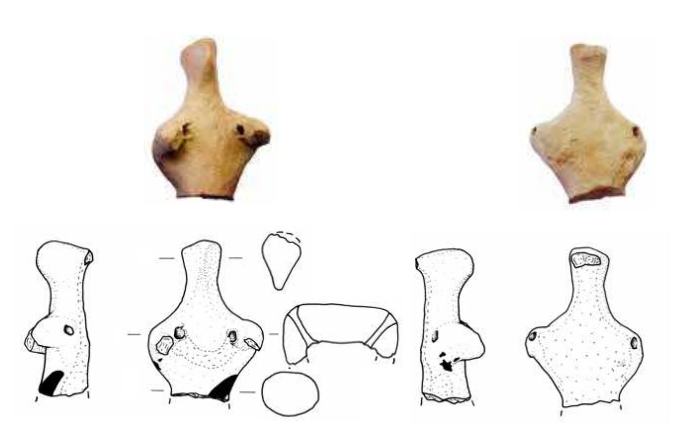 On the front of the figurine, a band of a different colour stretches from one arm to the other in a U-shaped curve. It remains unclear whether this area was previously painted and the paint is now completely worn off, or the light surface slip did not reach the U-shaped area. In the second case, a feature — perhaps crossed arms or arms carrying something — may have prevented the slip from penetrating there, and thus revealing the more reddish clay of which the object actually consists. Nearly the entire back of the figurine, which is not carefully smoothed and left without slip, may be interpreted much the same way as the U- shaped area at the front. If the careless execution of the back was intentional, the figurine was probably not meant to be seen from behind, its back being loosely attached to some other surface. 