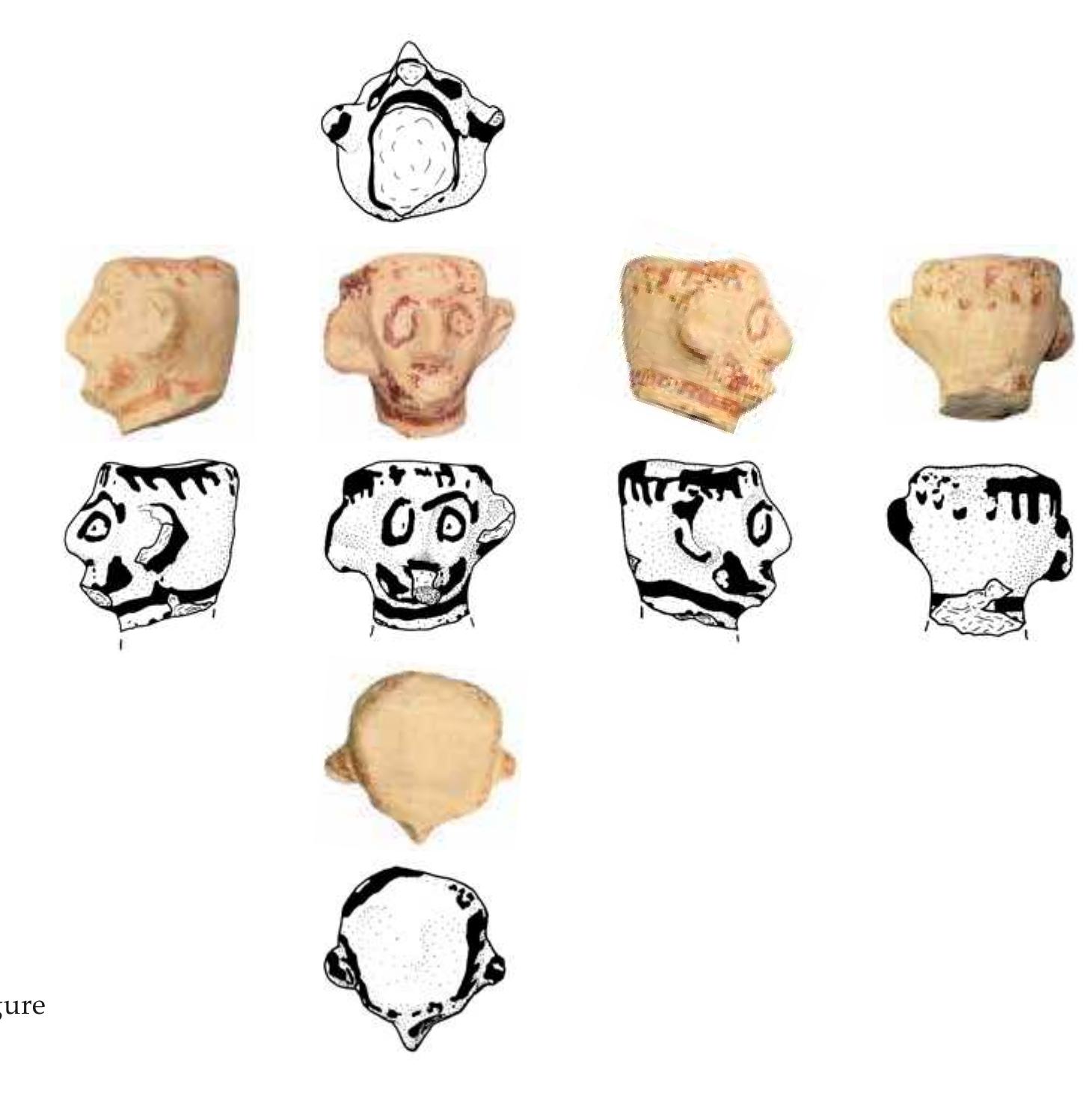 Phylakopi'"*. So far, six female figures with painted chins have been identified, and Pliatsika has argued that this feature could symbolize the act of supplication, an act known from the Iliad and later iconography''’’. However, the broadly applied paint on the chin of the figure from well 6 that extends to the lower parts of the head up to the ears is a rare feature. Only in the case of the so-called bearded Aphrodite from Cyprus does the paint reach the neck and the sides of the head'”’. On another figure, the head from Illinois, a different arrangement displays a single thin line connecting eyebrows and chin™. 