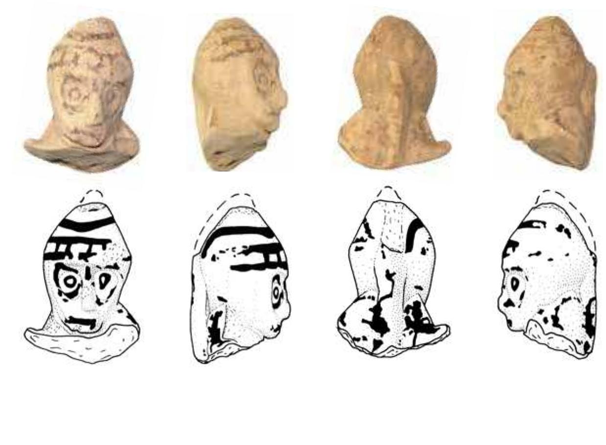 Although the surface is heavily worn on some areas of the head, the remaining trace: f dark paint allow an approximate reconstruction of its original decoration. On the hat, « one filled with small vertical and parallel lines is followed by another horizontal line. O he lines of the lower zone, only four frontal lines are preserved, but traces of more paintec ines reveal that these continued to the back of the head. The applied eyes are representec yy painted circles, enclosed by outer bands that also cover the edges of the eyebrows. Ths hin was painted, but it remains unclear whether its decoration also extended to the side: f the face. The remaining traces of paint that appear on almost all parts of the clay roll o1 he back of the head and on the applied cover of the neck indicate that these features wer olidly painted, too. The most difficult to identify is the kind of decoration on the sides anc he back of the head, namely the part between the conical hat and the cover. However, dus o the scant traces of paint visible, the possibility cannot be ruled out that the lower part o he head was also monochrome. The final impression is that of a solidly painted head excep or few areas of the face and the hat.  