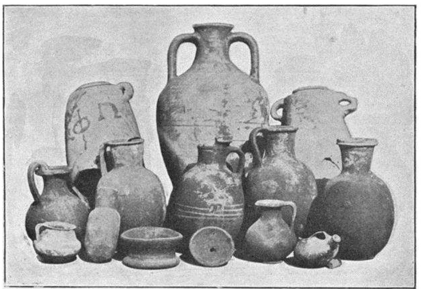 Figure 1. Pottery from a well excavated by Hogarth in 1903, including 6th and 5th century BC Egyptian and Syro-Palestinian vessels (Edgar 1905, 104 fig. 3)  Indeed, undecorated ceramics (Fig. 1) are recorded as being plentiful in the notes and diaries of Petrie and Hogarth: ‘The well unproductive & | shall not dig many. Any am[oun]t of mud & coarse kitchen ware — but nothing else’ (Entry in David Hogarth’s diary for Sunday 19 April 1903).’ Undecorated wares were also recorded in large numbers for all periods of the site in the American fieldwork at Naukratis in the 1970s—80s,° and they make up a substantial proportion of finds in the British Museum’s own recent (2014) excavations, including in the 6th century BC layers. Here, a preliminary count of several thousand sherds is particularly revealing: the vast majority of finds are undecorated, comprising especially Egyptian vessels (nearly always entirely undecorated, and frequently quite ‘coarse’) but also numerous plain or banded wares of Greek, notably East Greek, manufacture. Leaving them out of the picture has major implications for statistical analyses: therefore, while Egyptian, Cypriot and Levantine ware: make up by far the majority of finds from the 2014 excavations, much the reverse is true for a statistical analysis of known pottery from the early fieldwork. 