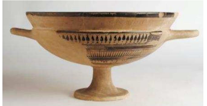 Figure 7. Laconian kylix attributed to the Naukratis Painter, with a votive inscription to the goddess Aphrodite by Ne(i)lomandros, c. 570-560 BC. Ashmolean Museum, Oxford, AN1896-1908-G.133. Photograph © Ashmolean Museum, University of Oxford.  Figure 6. Fragment of Attic olpe (jug) depicting a ram, attributed to the manner of the Gorgon Painter, c. 600 BC. British Museum, 1888,0601.566. 