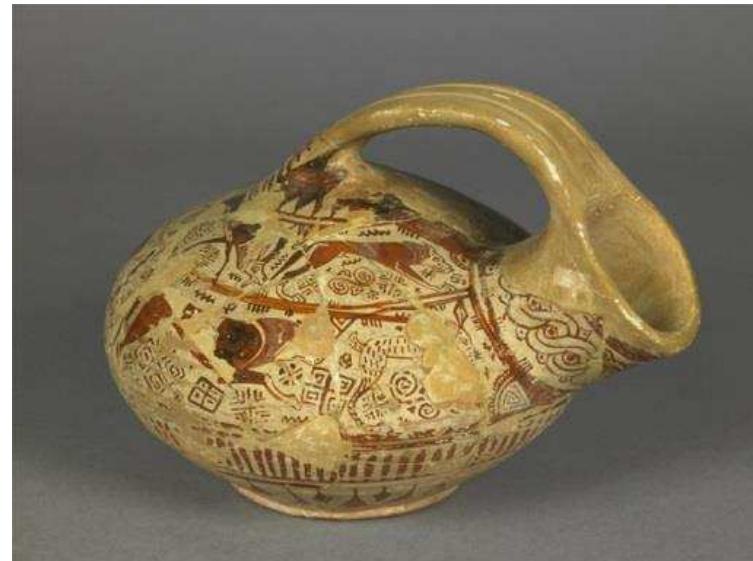 Figure 14. Aeolian Wild Goat Style askos of the London Dinos Group, c. 630-600 BC. British Museum, 1888,0601.462.  Figure 13. Fragment from the rim of a North lonian black- figure dinos depicting a horse-rider, c. 560-550BC. Fitzwilliam Museum, Cambridge, GR.54c.1899. Photograph © The Fitzwilliam Museum, Cambridge. 