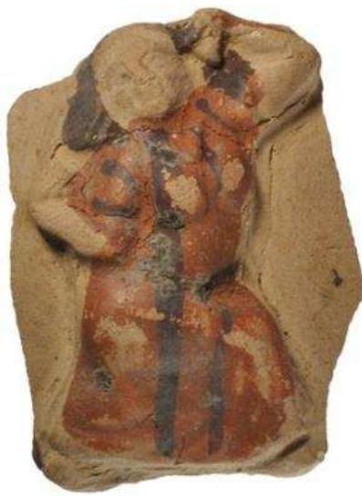 Figure 17. Fragment of relief-decorated goblet made in Alexandria showing a woman dancing, 2nd-1st century BC, from Naukratis. British Museum, 1886,0401.1544.  Roman table pottery is very poorly represented in the corpus of early finds, comprising fewer than 100 examples; indeed, more Roman lamps were recovered during these early seasons than vessels. They are, however, well attested in subsequent fieldwork, particularly Coulson’s field survey (Coulson 1996; Thomas and Villing 2013; Thomas 2014b). As elsewhere in the western Delta (Wilson and Grigoropoulos 2009; Tomber and Thomas 2011), Roman pottery was largely locally made, consisting of cooking pots, casseroles, dishes and bowls with a drab red slip. Imported table wares included Arretine terra sigillatas of the Augustan period and the early 1st century AD; copies of terra sigillata from Ephesus and Syria (Fig. 18); and small quantities of glazed wares from Asia Minor. Subsequently, Egyptian copies of red slipped wares and barbotine thin-walled wares, as well as copies of terra sigillata forms in Egyptian faience became increasingly popular in the 2nd century AD. 