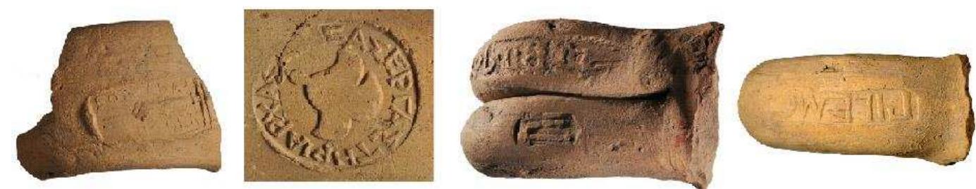 Figure 20. Stamped amphora handles from Naukratis. From left to right: Thasian, c. 340-330 BC, British Museum, 1925,0119.464; Rhodian, c. 200-160 BC, British Museum, 2011,5003.50; Koan, c. 200-50 BC, Musées Royaux d’Art et d'Histoire, Brussels, A.1822 (Photograph © Musées royaux d’Art et d’Histoire, Bruxelles); Italian (Brindisi), c. 130-50 BC, British Museum, 1955,0920.89.  Classical material is very thin, although we should note that marks on Classical amphorae are generally fewer in number, virtually disappearing in the Hellenistic period; therefore little can be said for the amphora material arriving at Naukratis in c. 500-350 BC. Stamped jars — of which some 1,600 have their handles preserved from the early excavations — have a reverse pattern of production: very rare in the Archaic period, although common in Hellenistic times, and this is reflected in the identifiable corpus from Naukratis. The earlier jars are from Thasos, datin approximately to c. 375 to 250 BC, while a lengthy Rhodian series began in the early 3rd century BC, joined in the later 3rd century by substantial numbers of Knidian and Koan pieces (Fig. 20). 